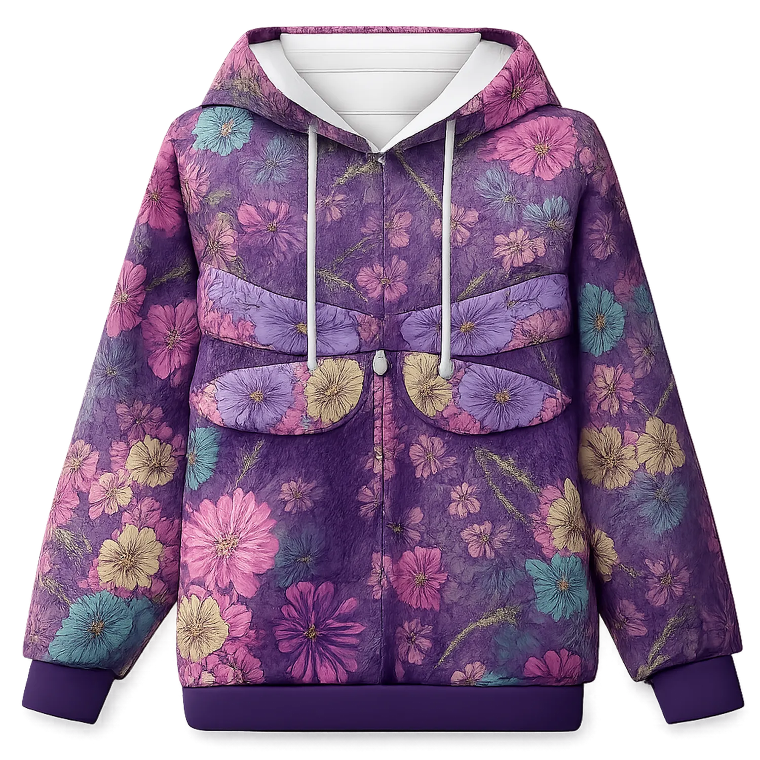 Sudadera con Capucha Floral para Mujer - Morada, Rosa y Azul
