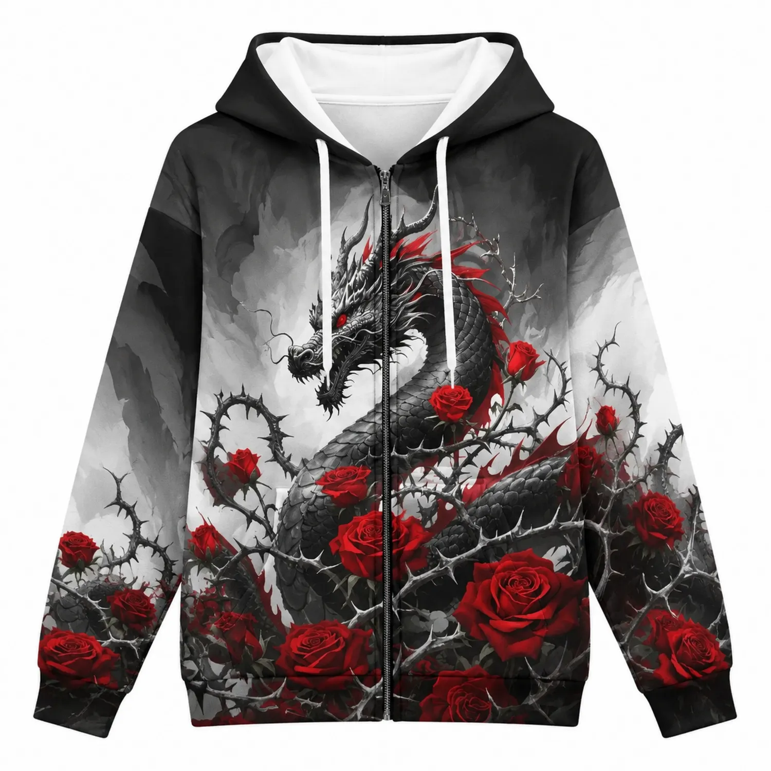 Sudadera con Capucha de Dragón y Rosas con Cremallera Negro/Rojo