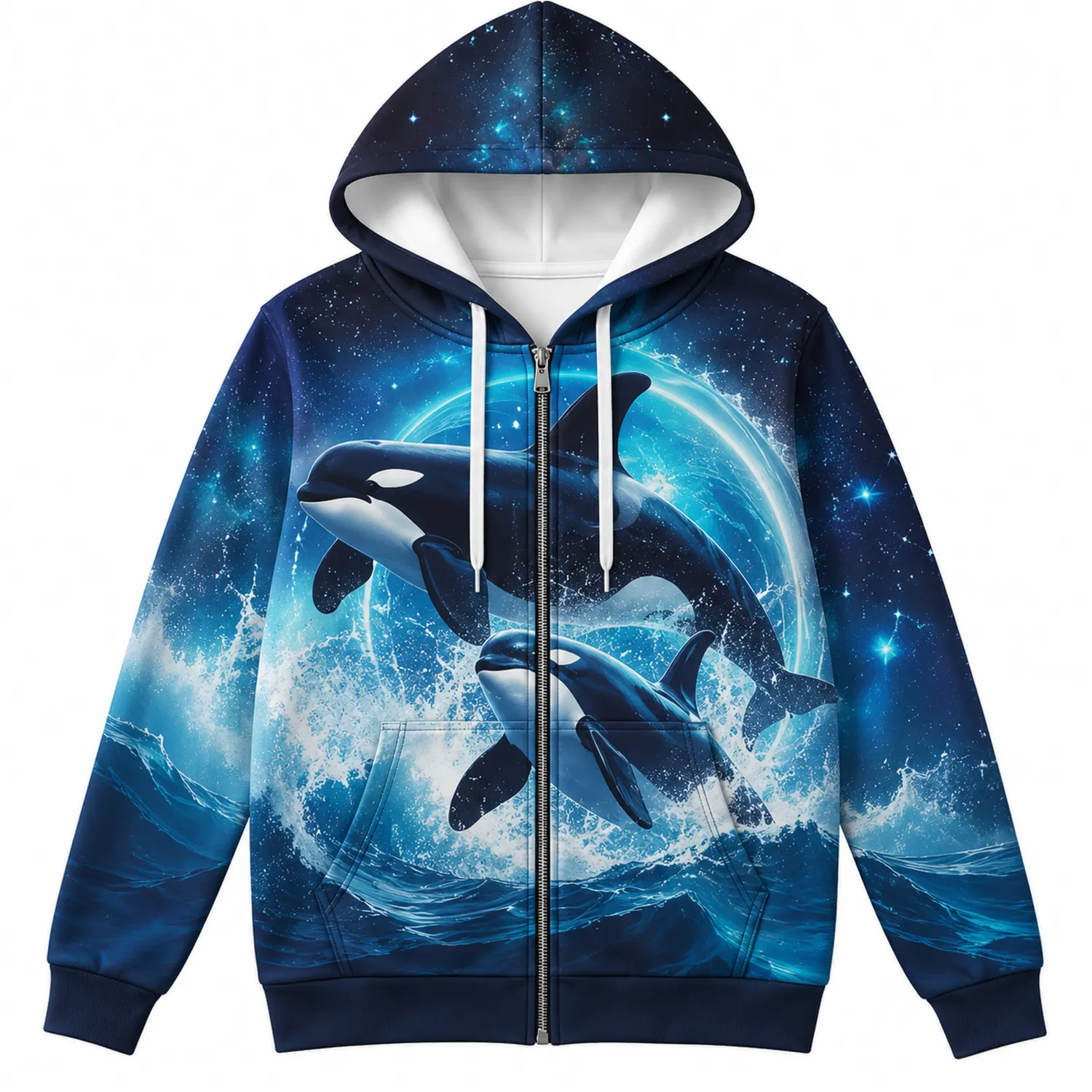 Sudadera con Capucha de Ballenas 3D Azul Marino con Cierre