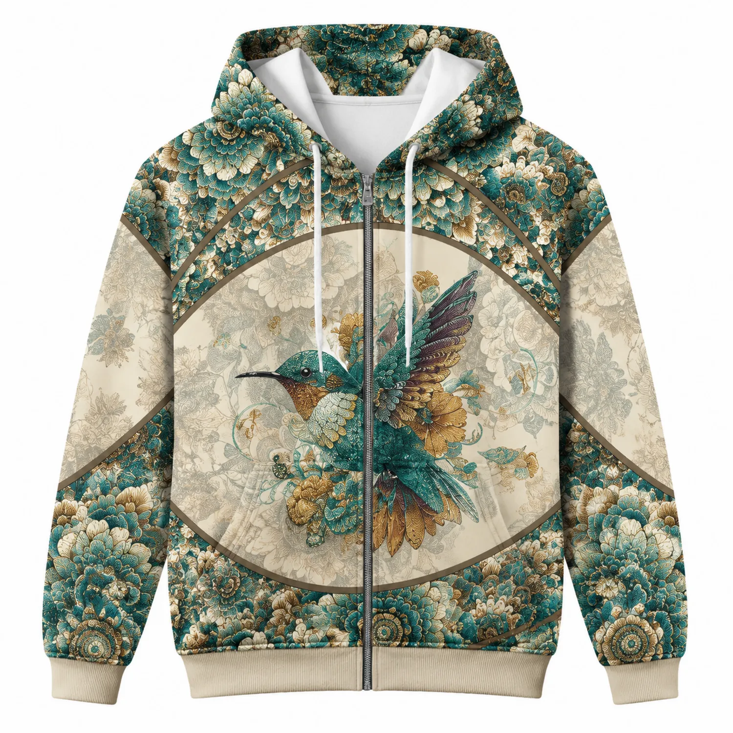Sudadera con Capucha de Colibrí y Flores en Verde, Turquesa y Beige