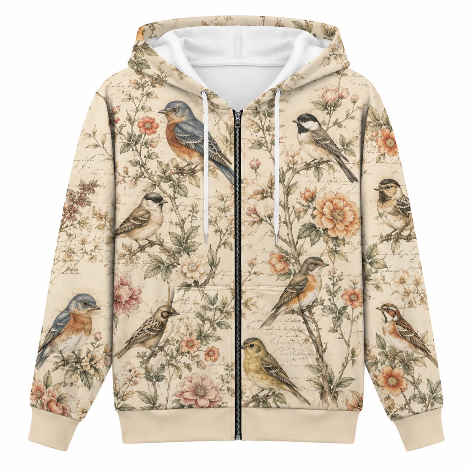 Sudadera con capucha de cremallera con estampado de aves y flores en beige