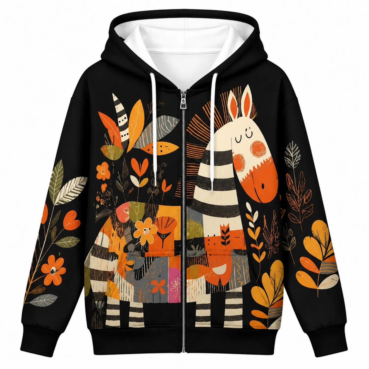 Sudadera con Capucha de Crema Negro y Naranja con Estampado de Cebra