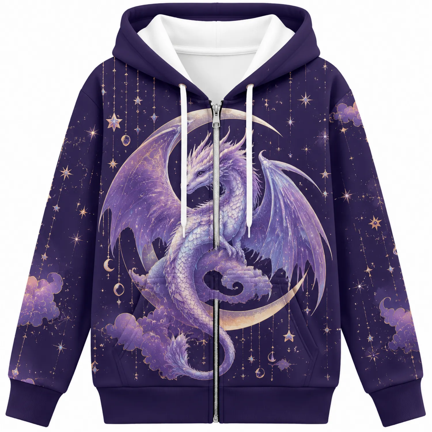 Sudadera con Capucha de Dragón y Luna en Morado