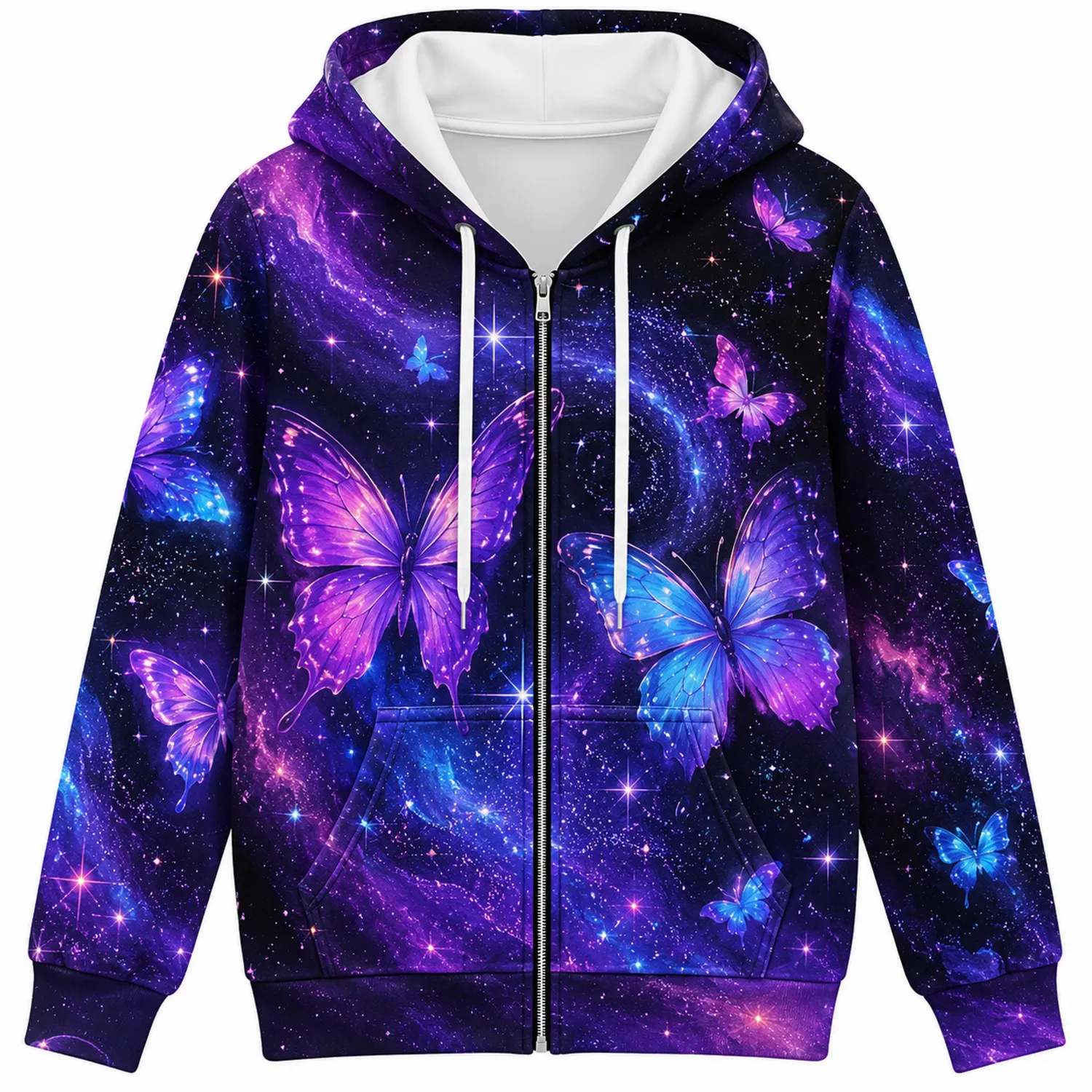 Sudadera con Capucha de Mariposas en Fondo de Universo Azul/Violeta