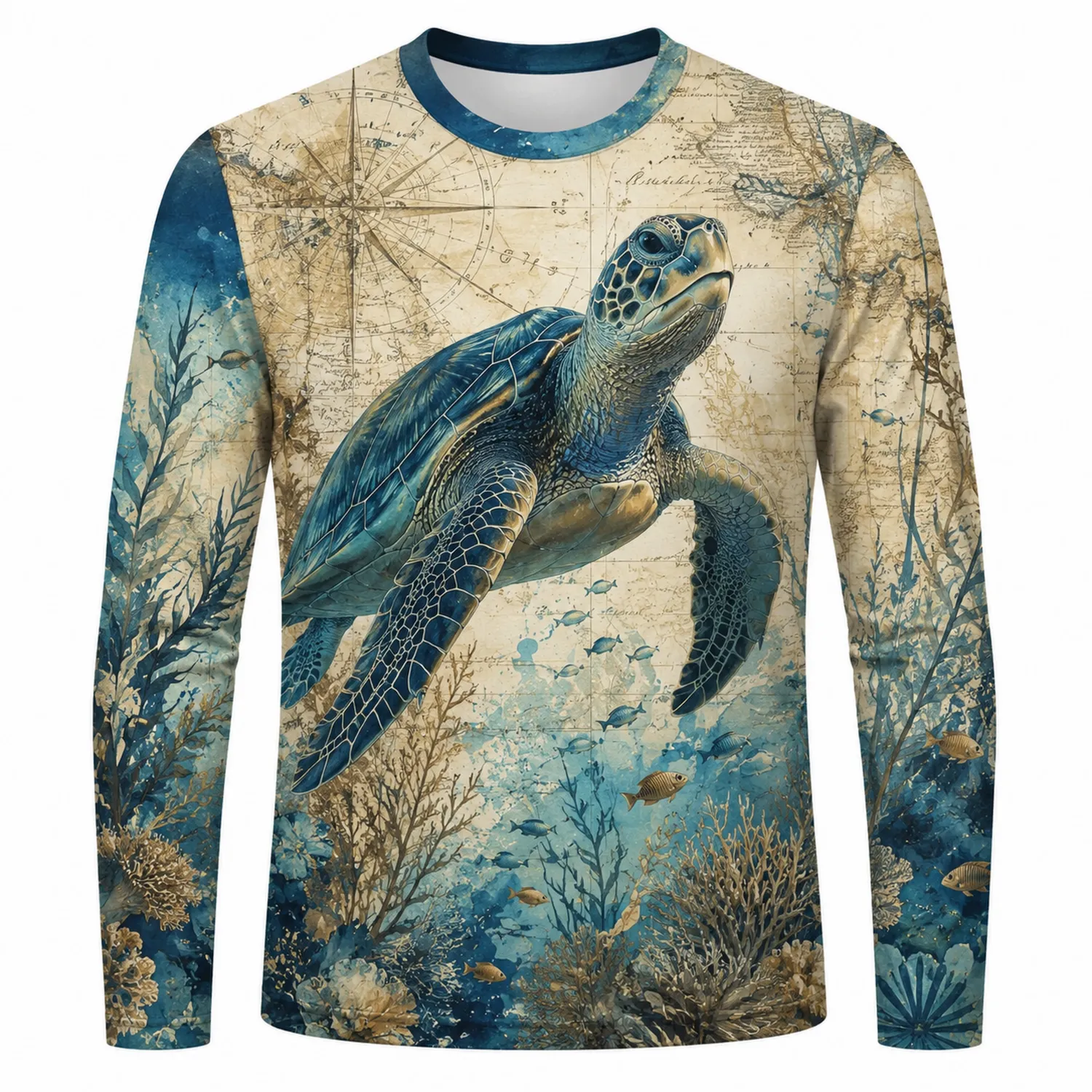 Camiseta de Manga Larga con Estampado de Tortuga Marina en Azul y Beige