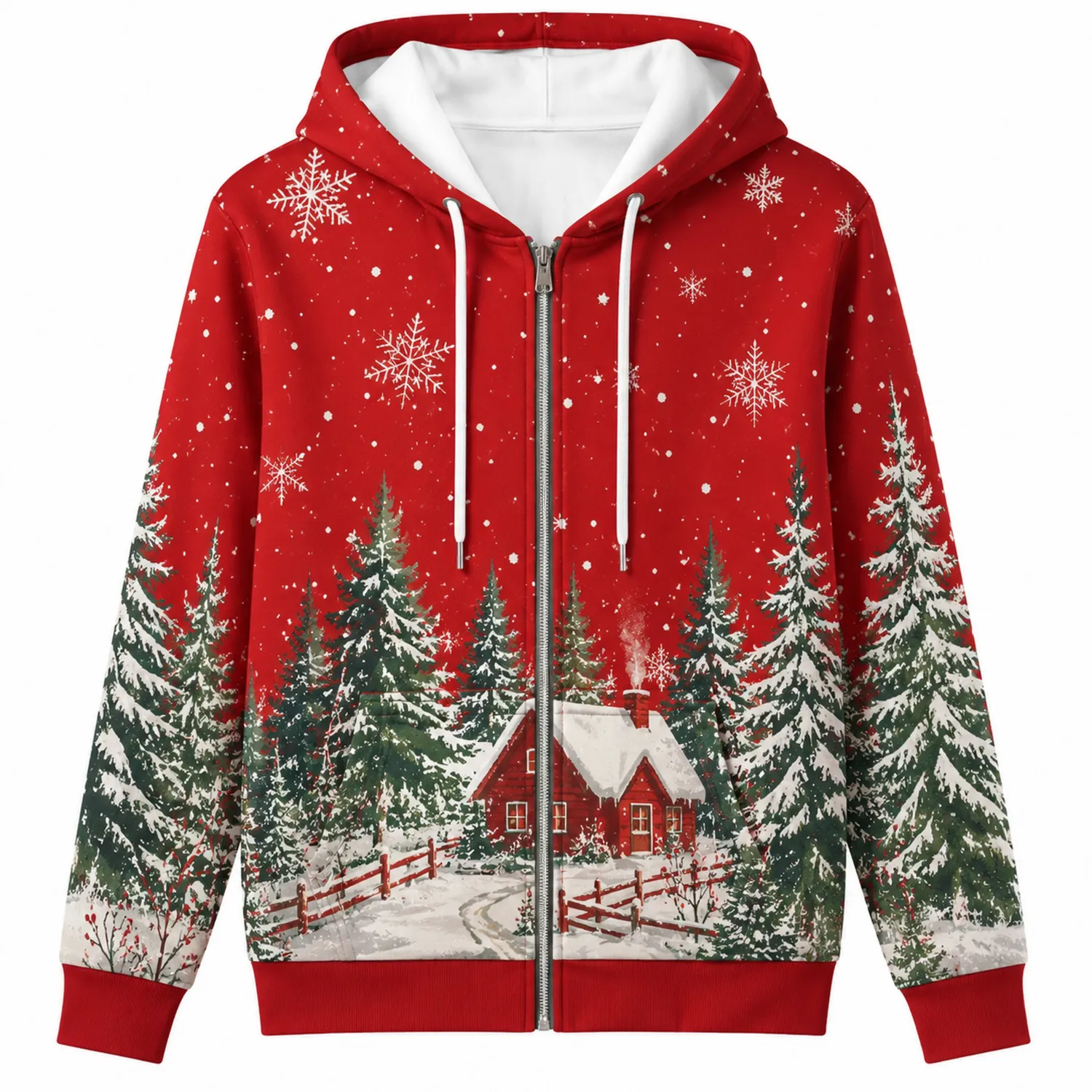 Sudadera con Capucha de Navidad en Rojo con Diseño de Paisaje Nevado