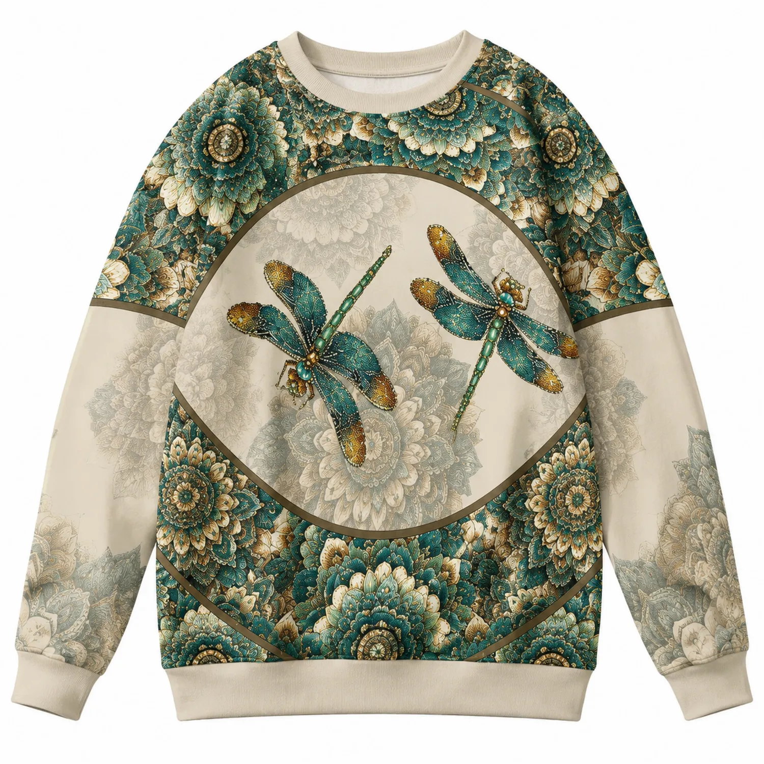 Sudadera con Estampado de Libélulas y Flores en Verde Beige