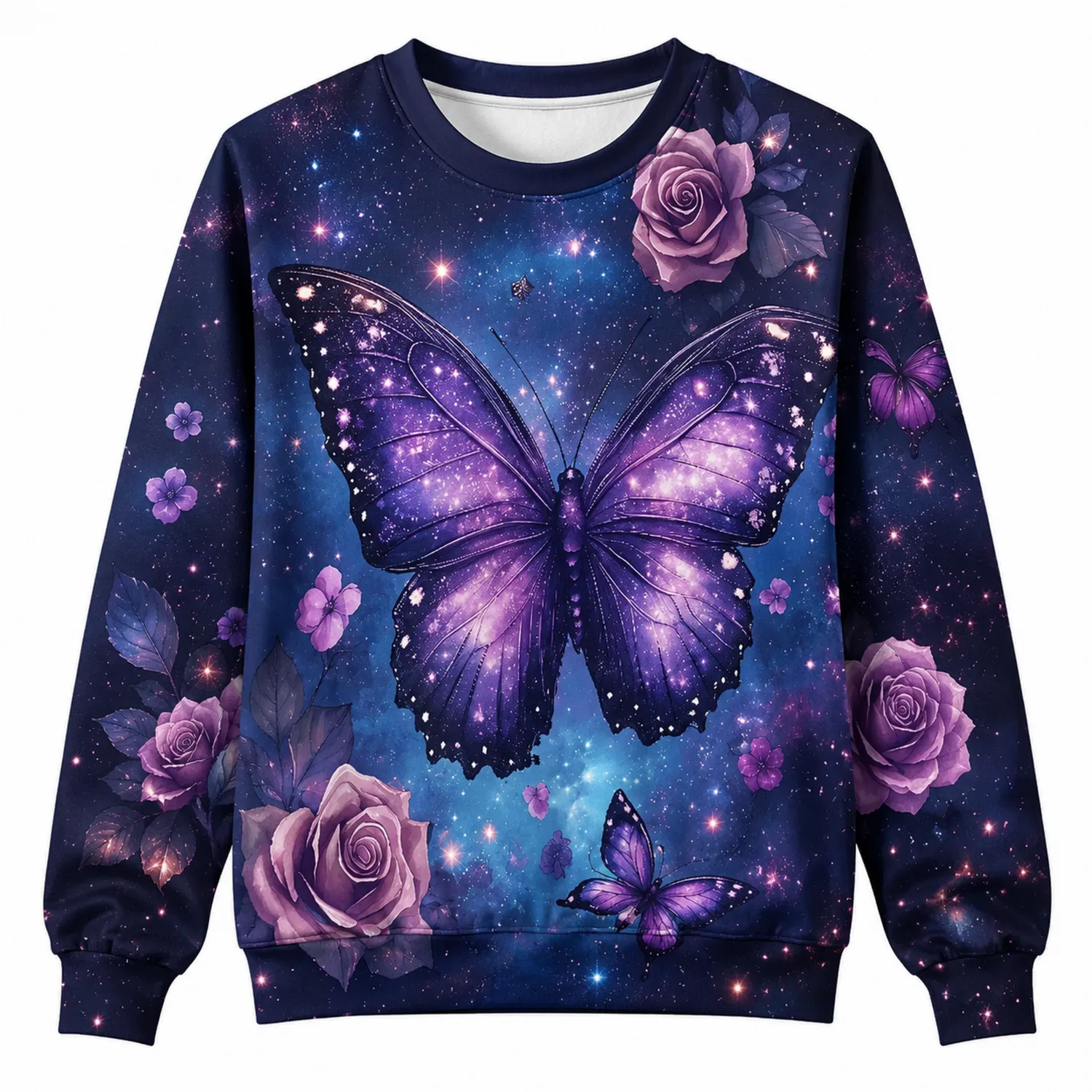 Sudadera con Estampado de Mariposa y Rosas en Morado y Azul