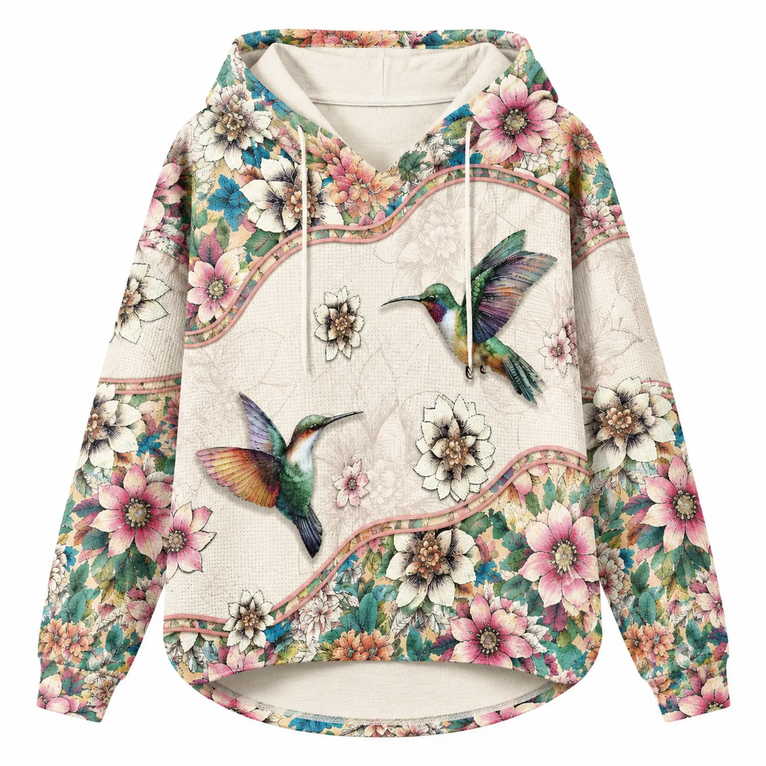 Sudadera con Capucha Estampado de Colibríes y Flores, Multicolor