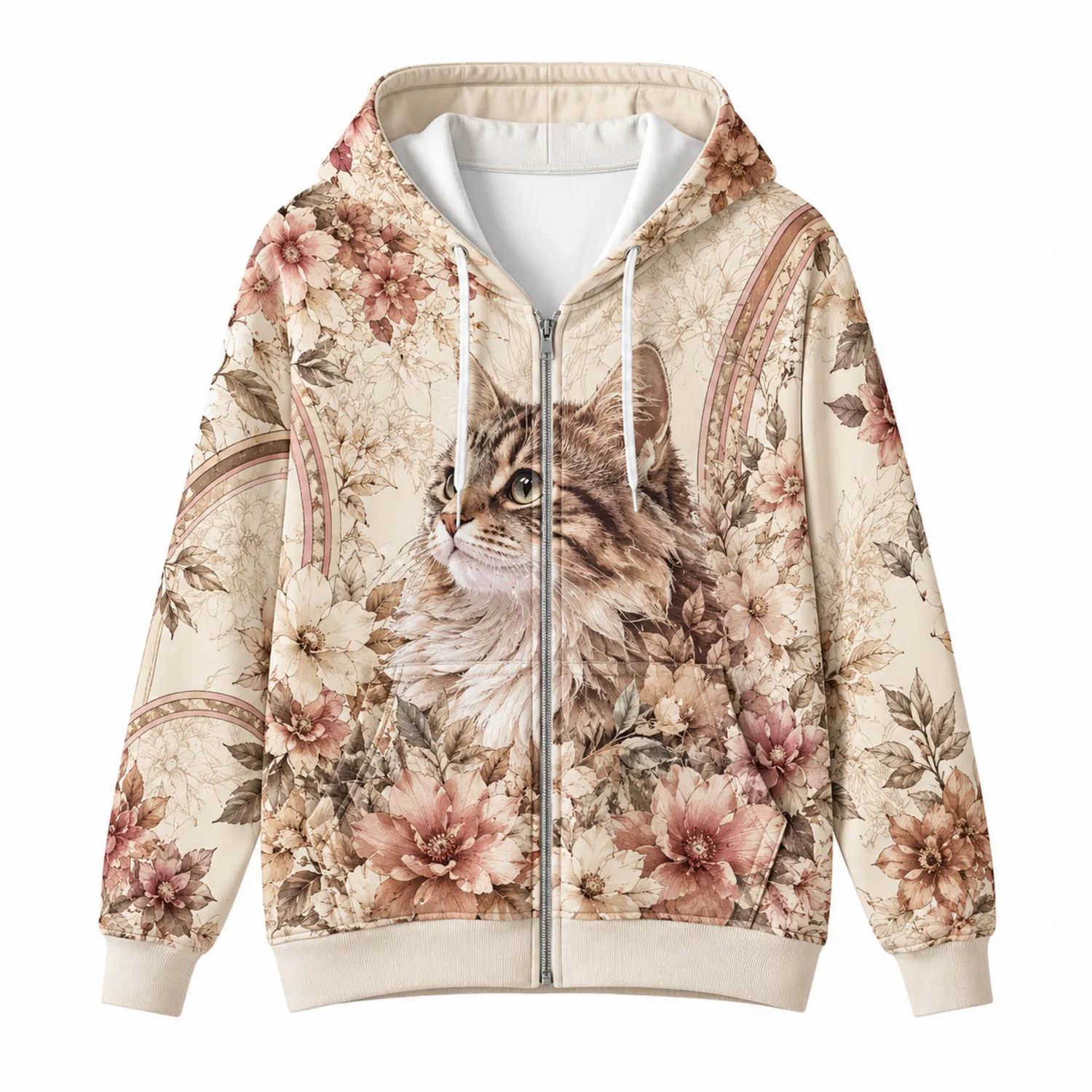 Sudadera con Capucha de Cremallera Completa Estampado de Gato y Flores, Color Beige