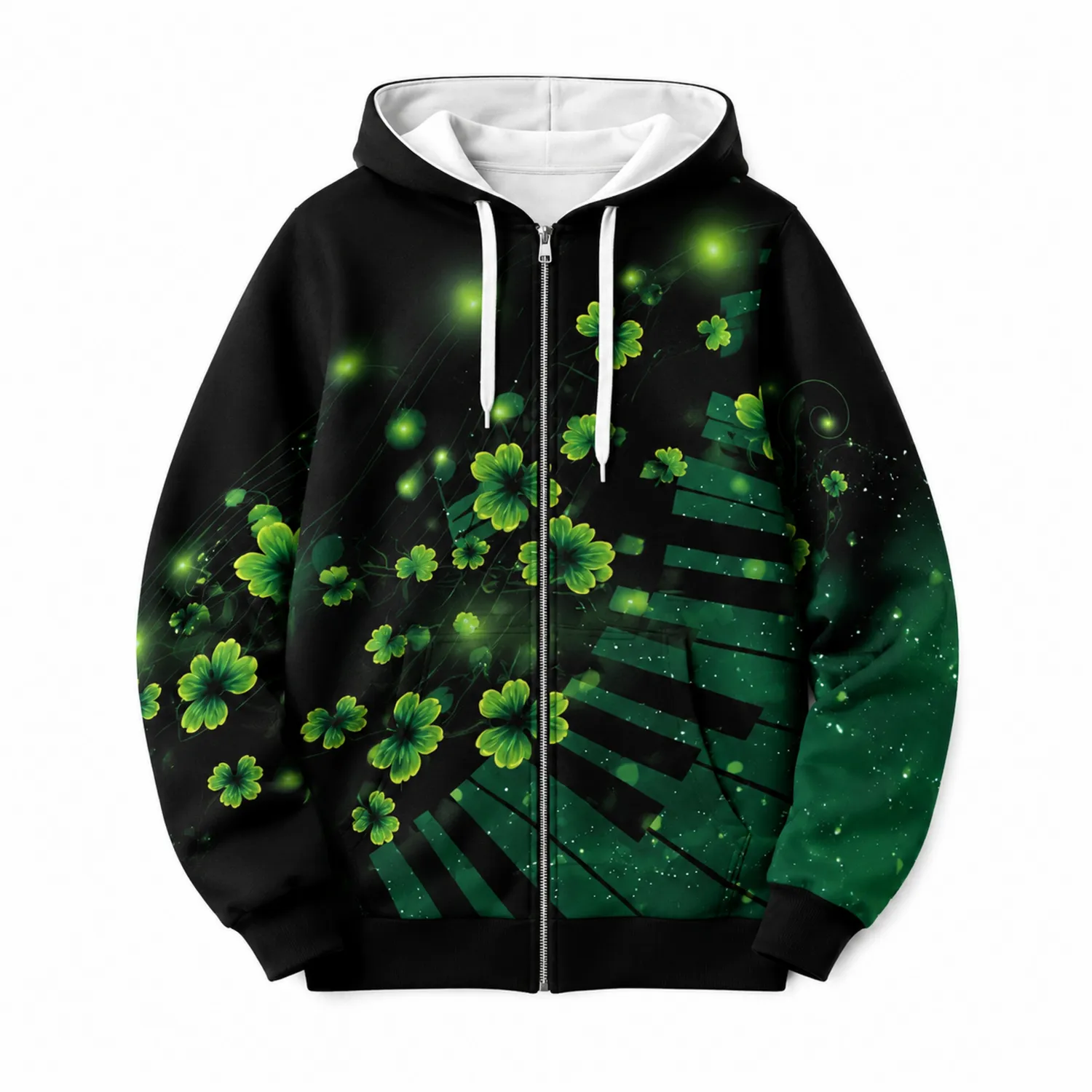 Chaqueta con Capucha de Cremallera Negro y Verde con Estampado de Flores