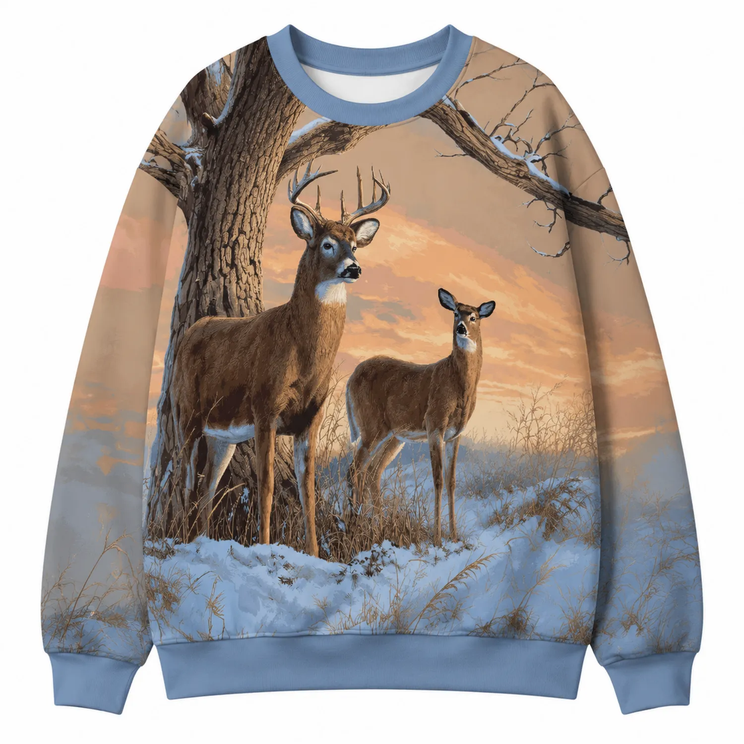 Sudadera Azul Beige con Estampado de Ciervos en Paisaje Invernal