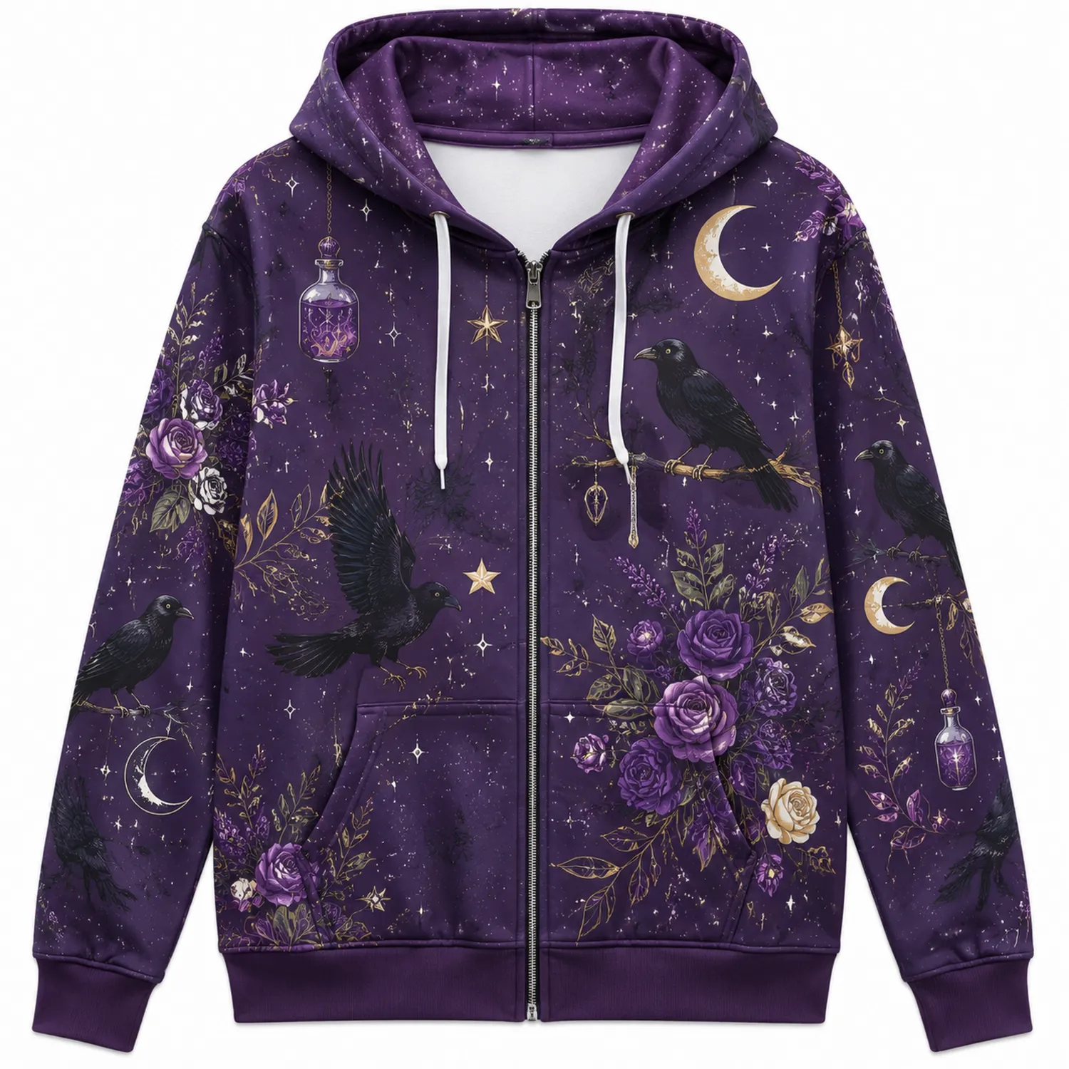 Chaqueta con Capucha de Cremallera Estampado de Cuervos y Rosas Morado