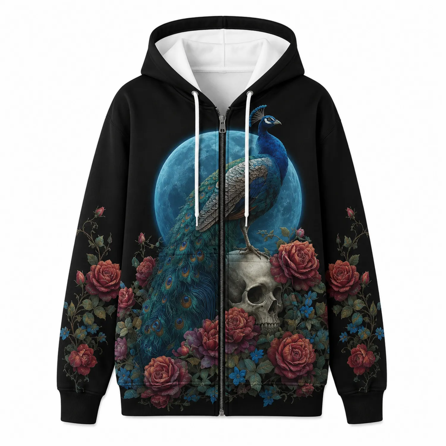 Sudadera con Capucha Negra con Estampado de Pavo Real, Calavera y Rosas
