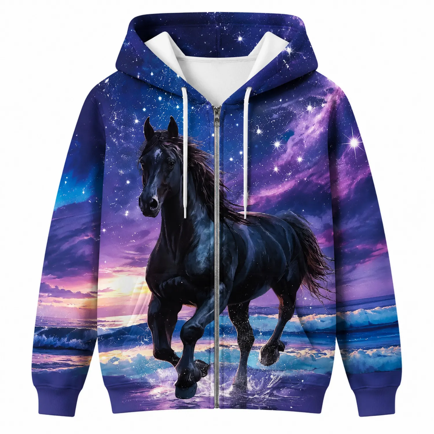 Sudadera con Capucha 3D Caballo en Paisaje Estrellado Azul/Morado
