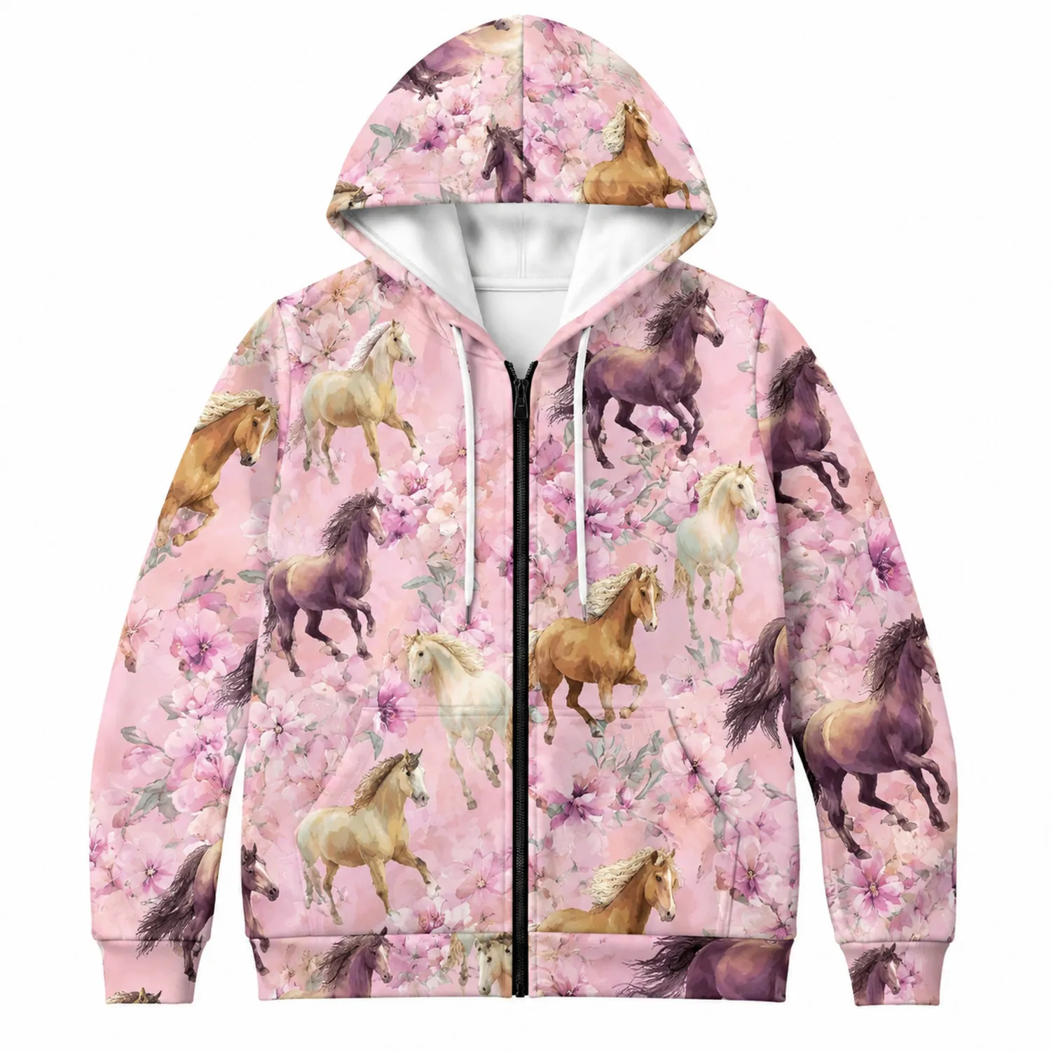 Sudadera con Capucha de Caballos Fondo Floral Rosa para Mujer