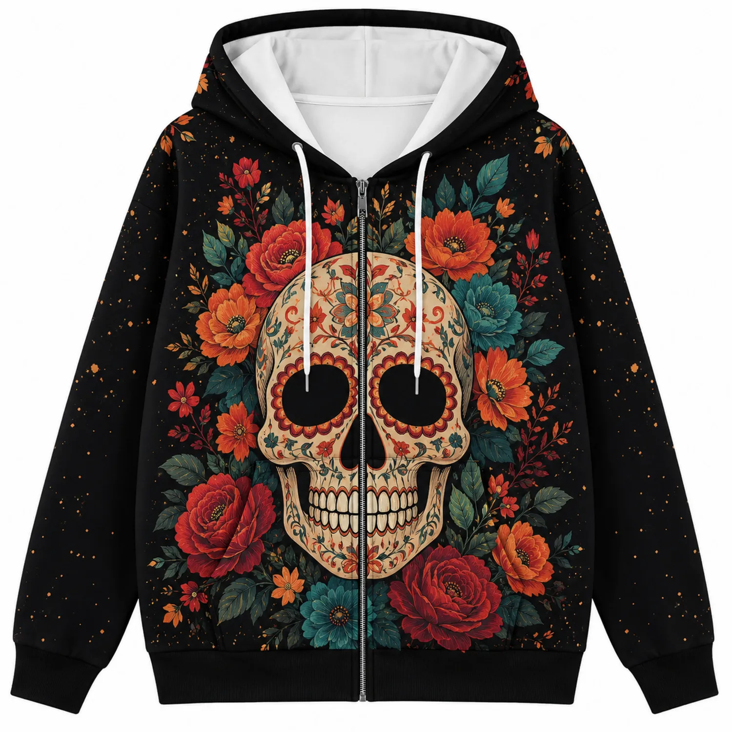 Sudadera con Capucha Negra Estampada de Calavera y Flores