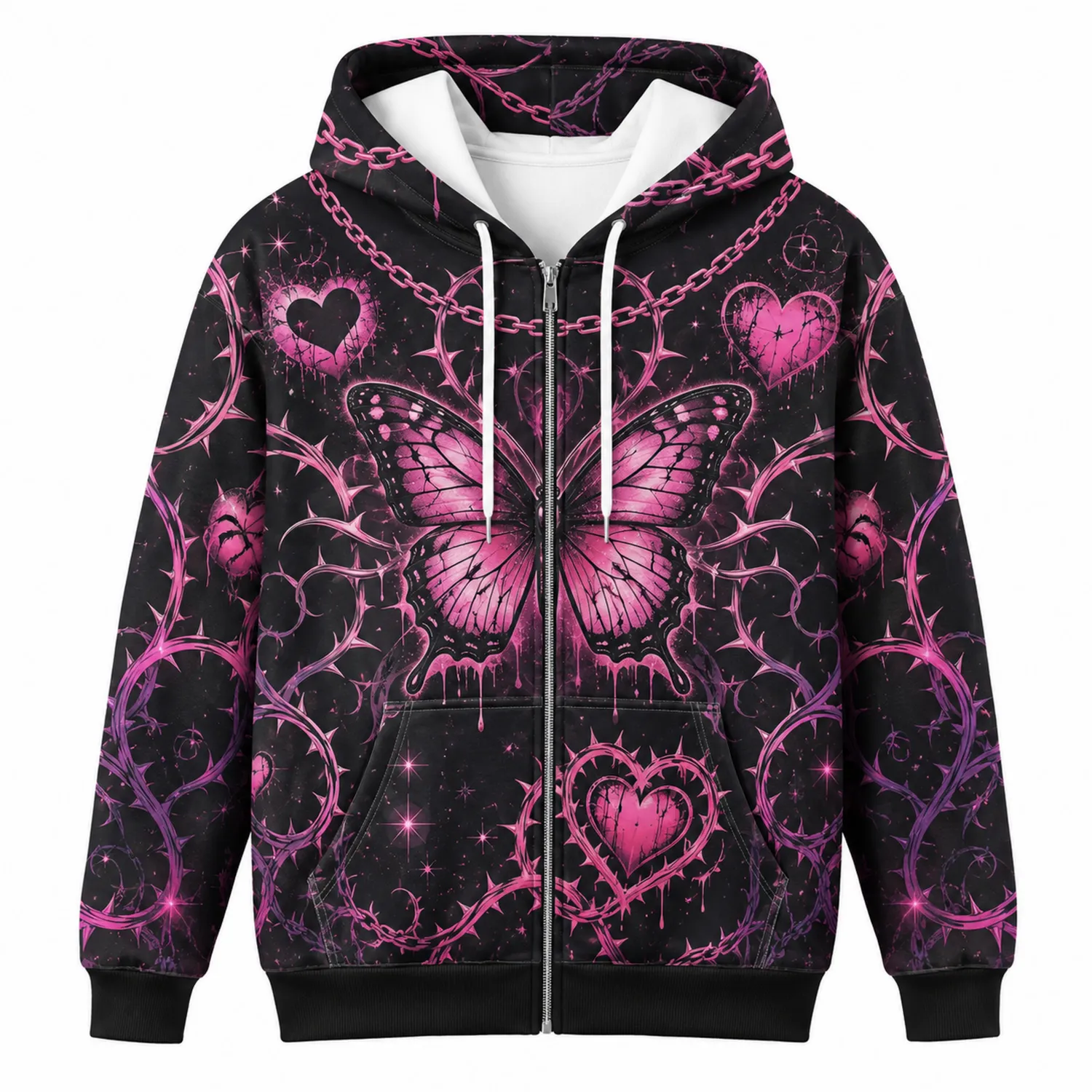 Sudadera con Capucha con Estampado de Mariposa y Corazones Rosa y Negro
