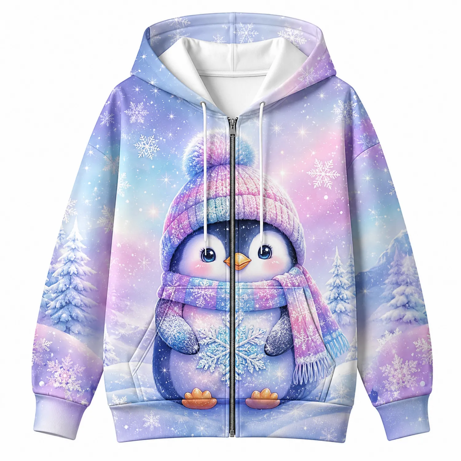 Sudadera con Capucha Pingüino Invierno Azul, Rosa y Blanco