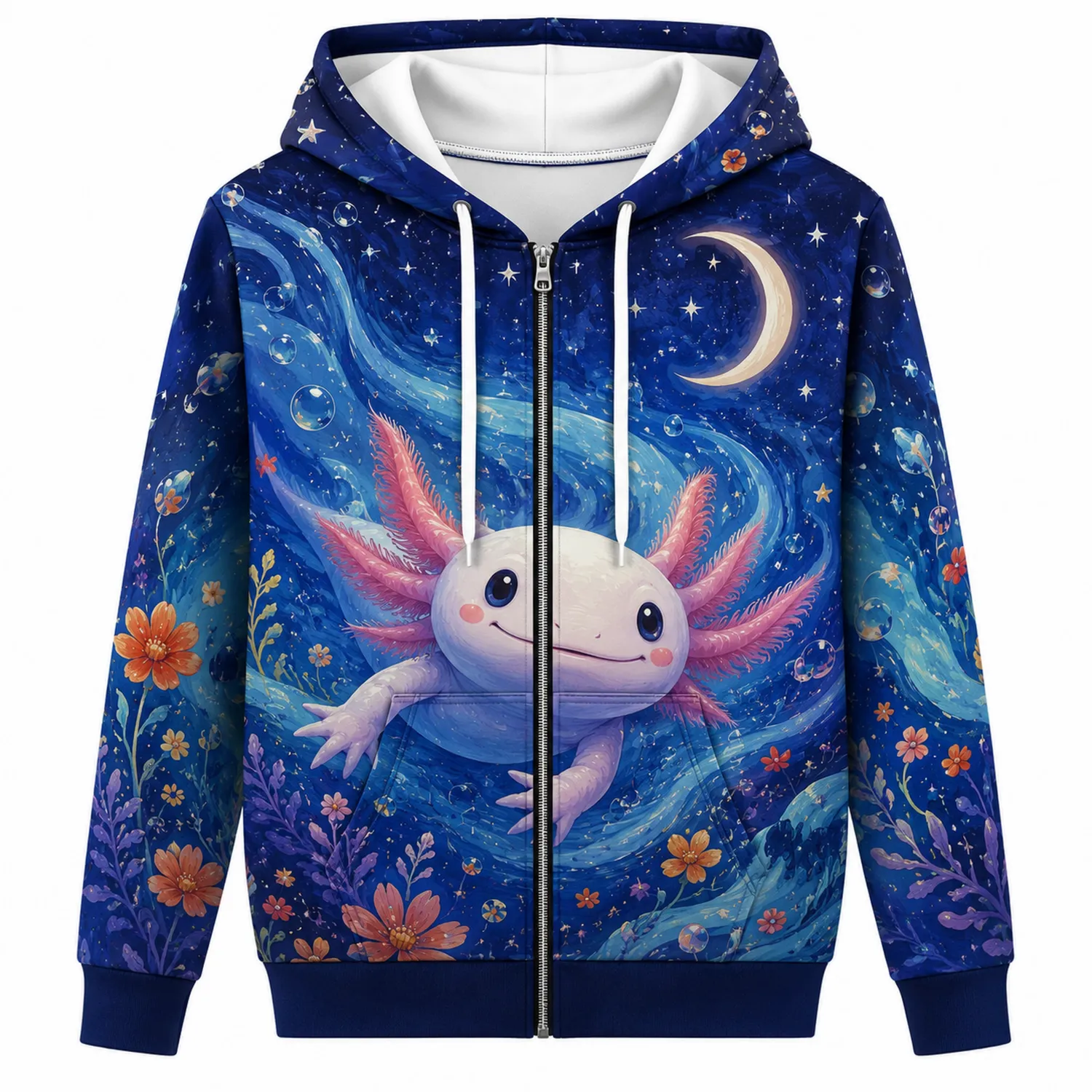 Sudadera con Capucha de Axolote en Fondo Estrellado Azul