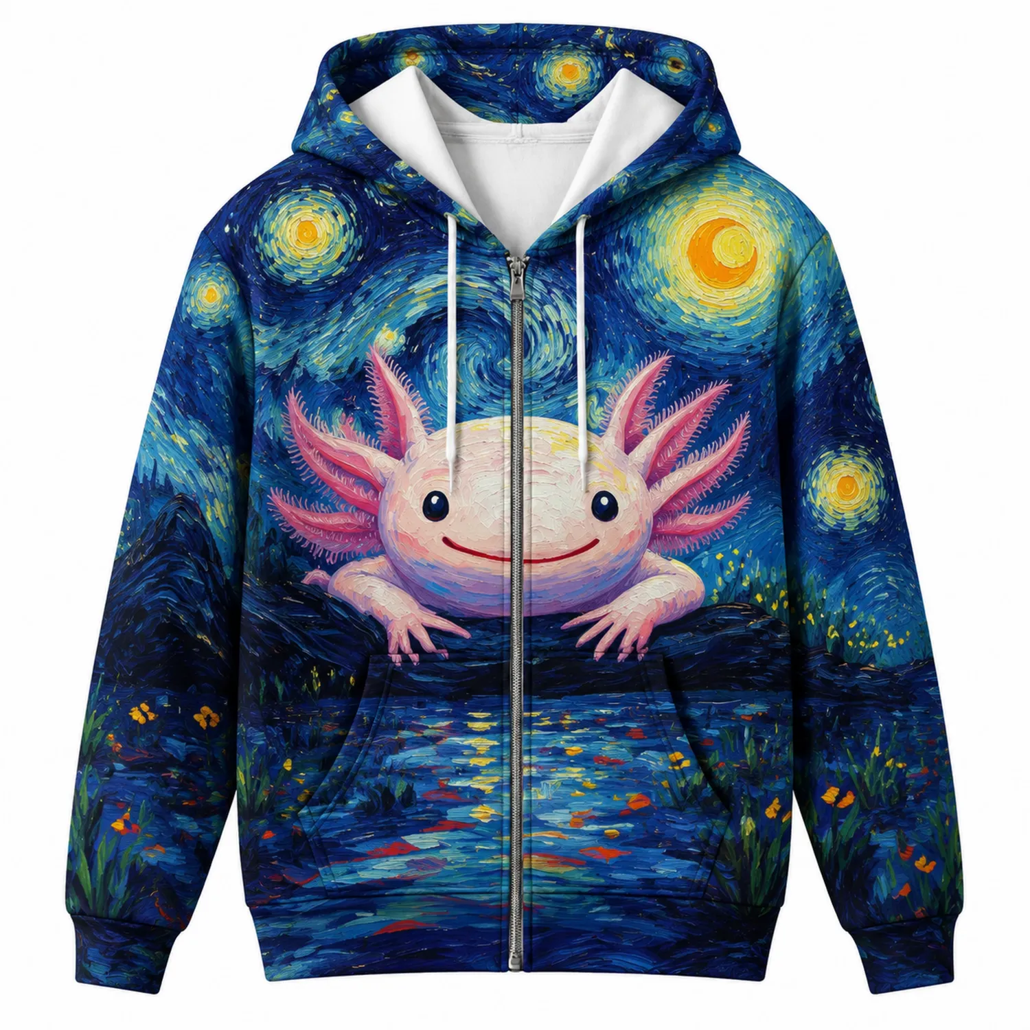 Sudadera con capucha de cremallera con axolote y diseño de noche estrellada