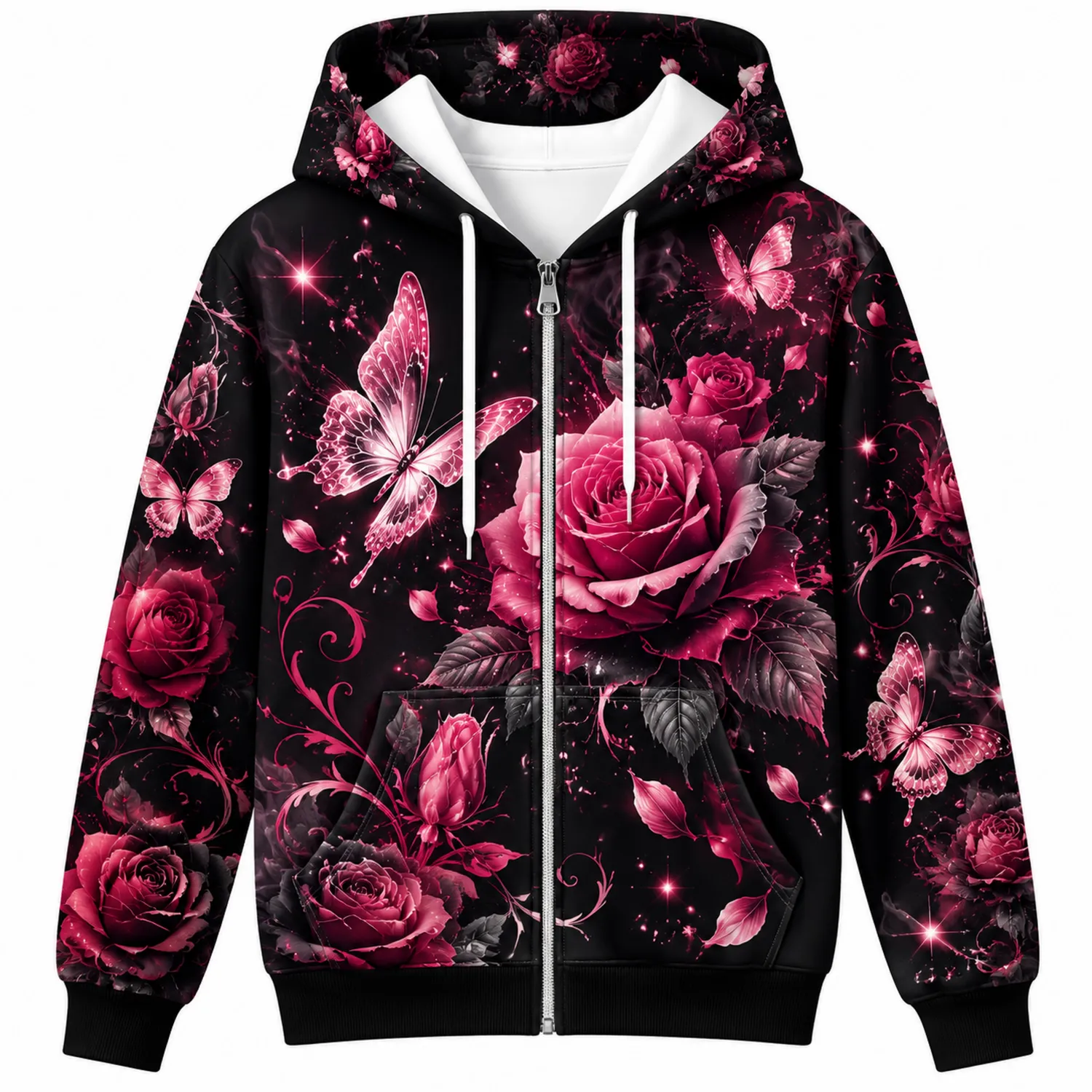 Sudadera con capucha con cremallera diseño de rosas y mariposas en negro y rosa