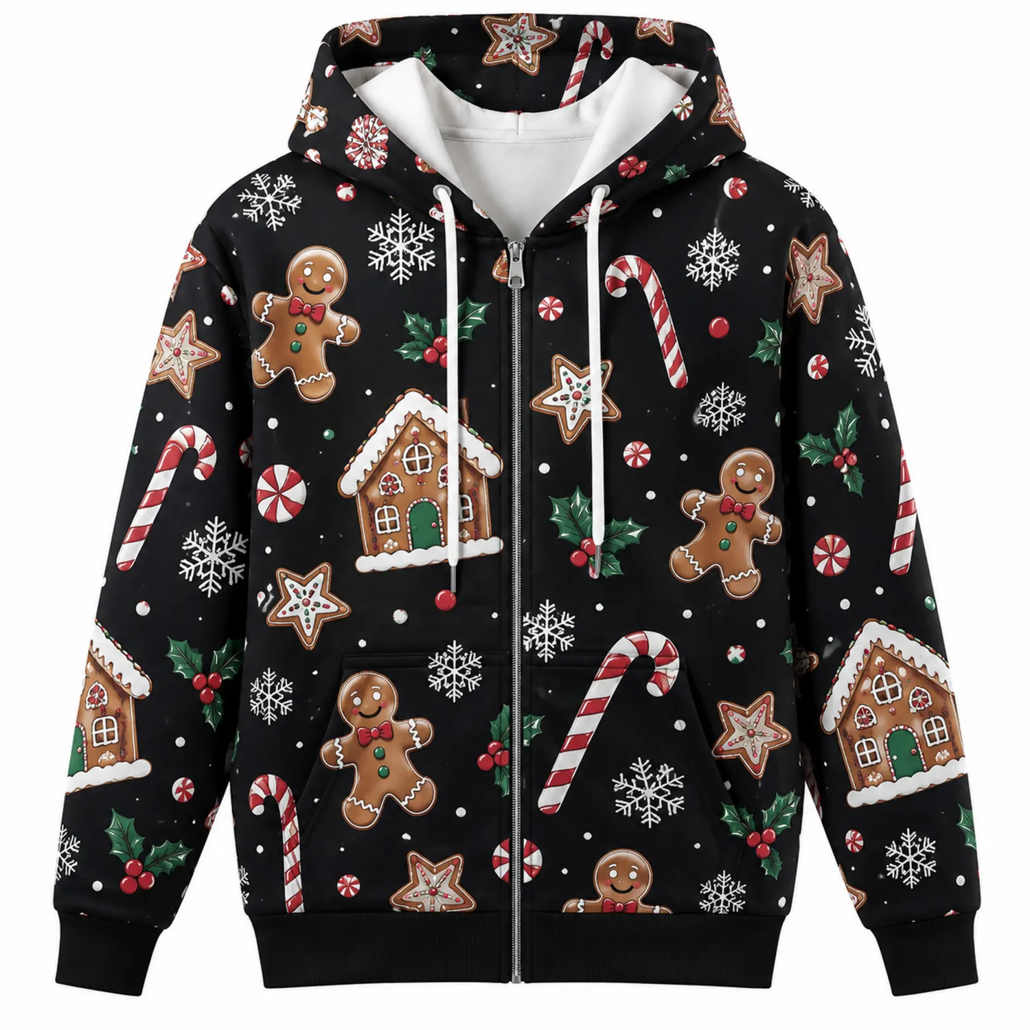 Sudadera Navideña con Capucha y Cremallera Estampado Jengibre Negro