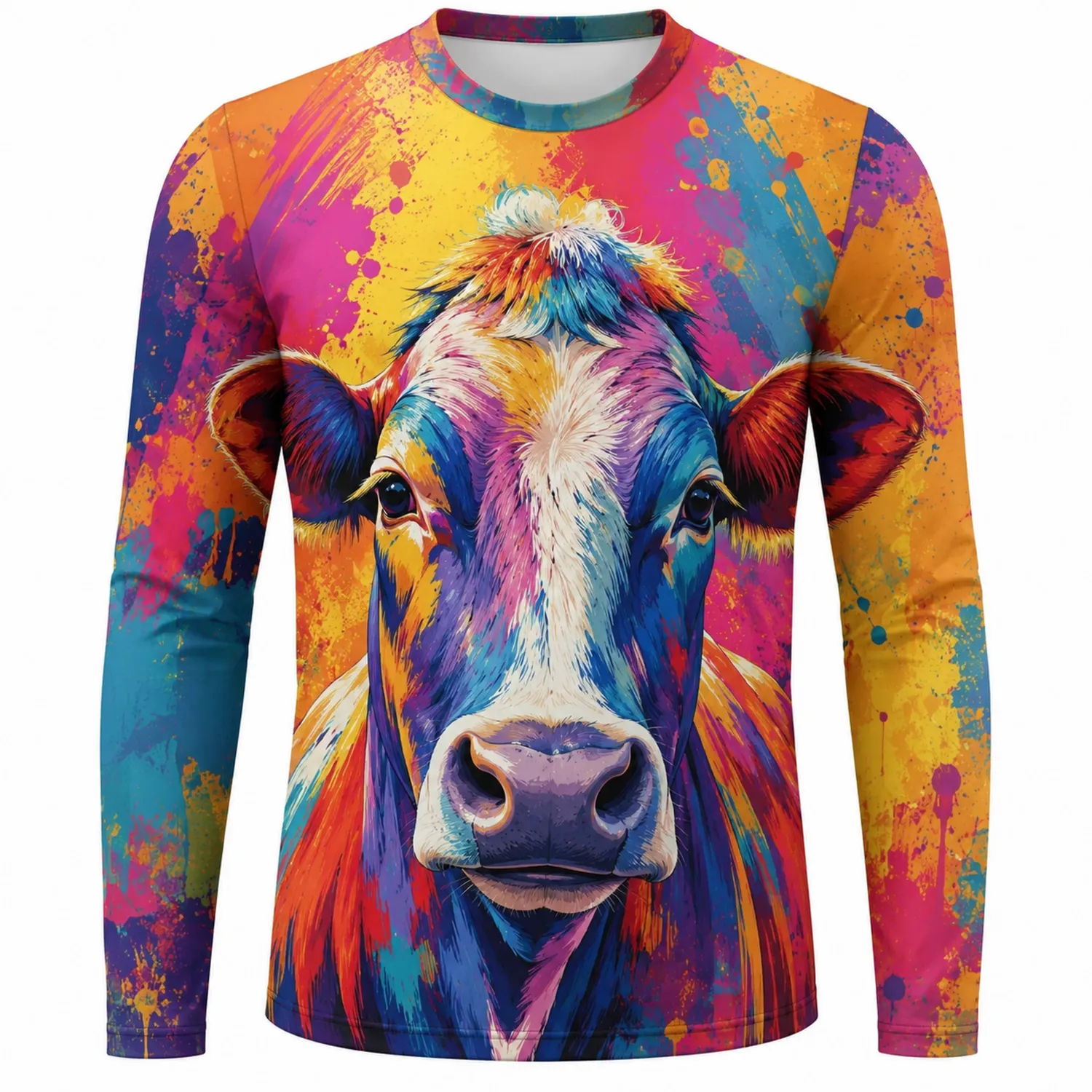 Camiseta Hombre Manga Larga con Estampado de Vaca Multicolor Brillante
