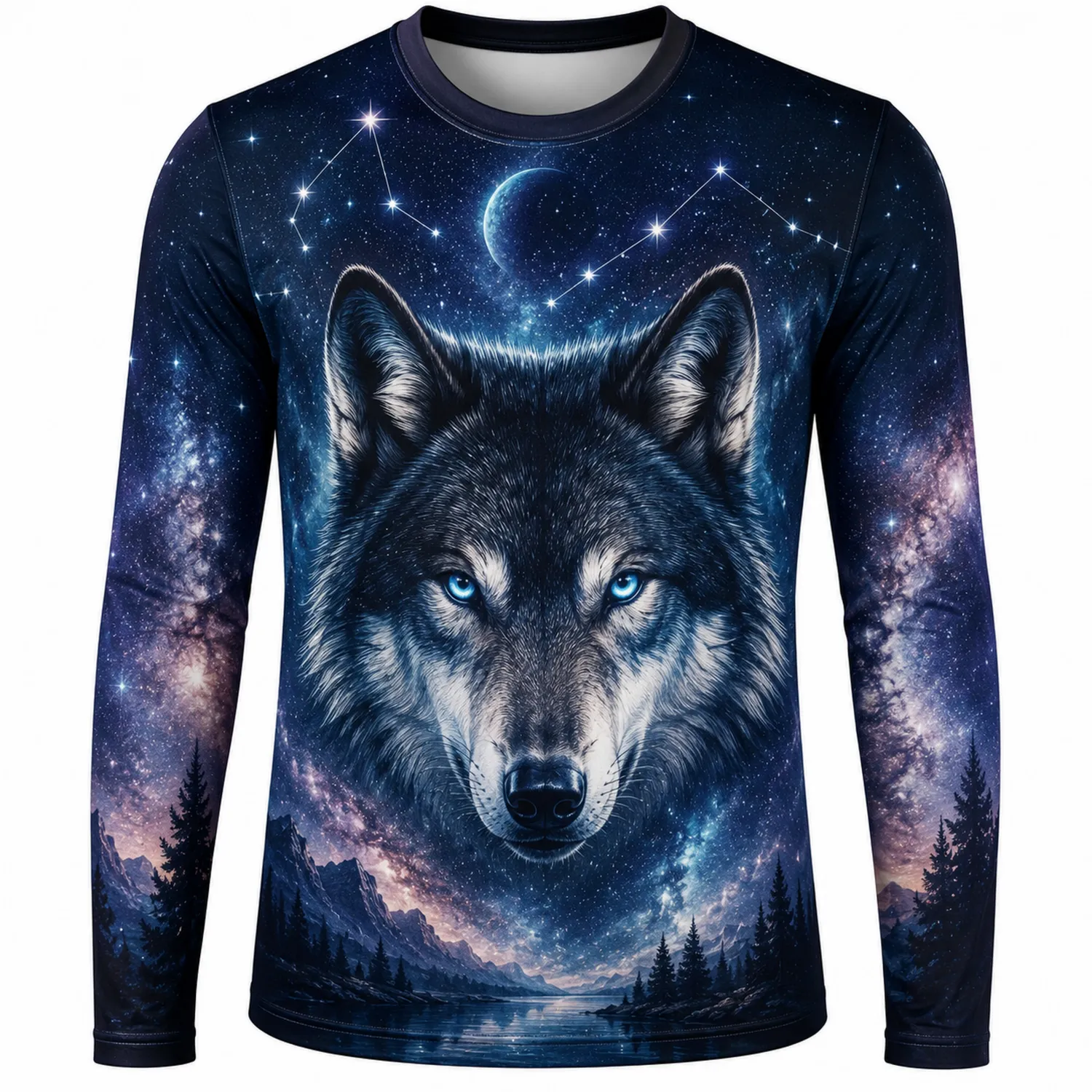 Camiseta de Manga Larga con Lobo y Espacio Cósmico
