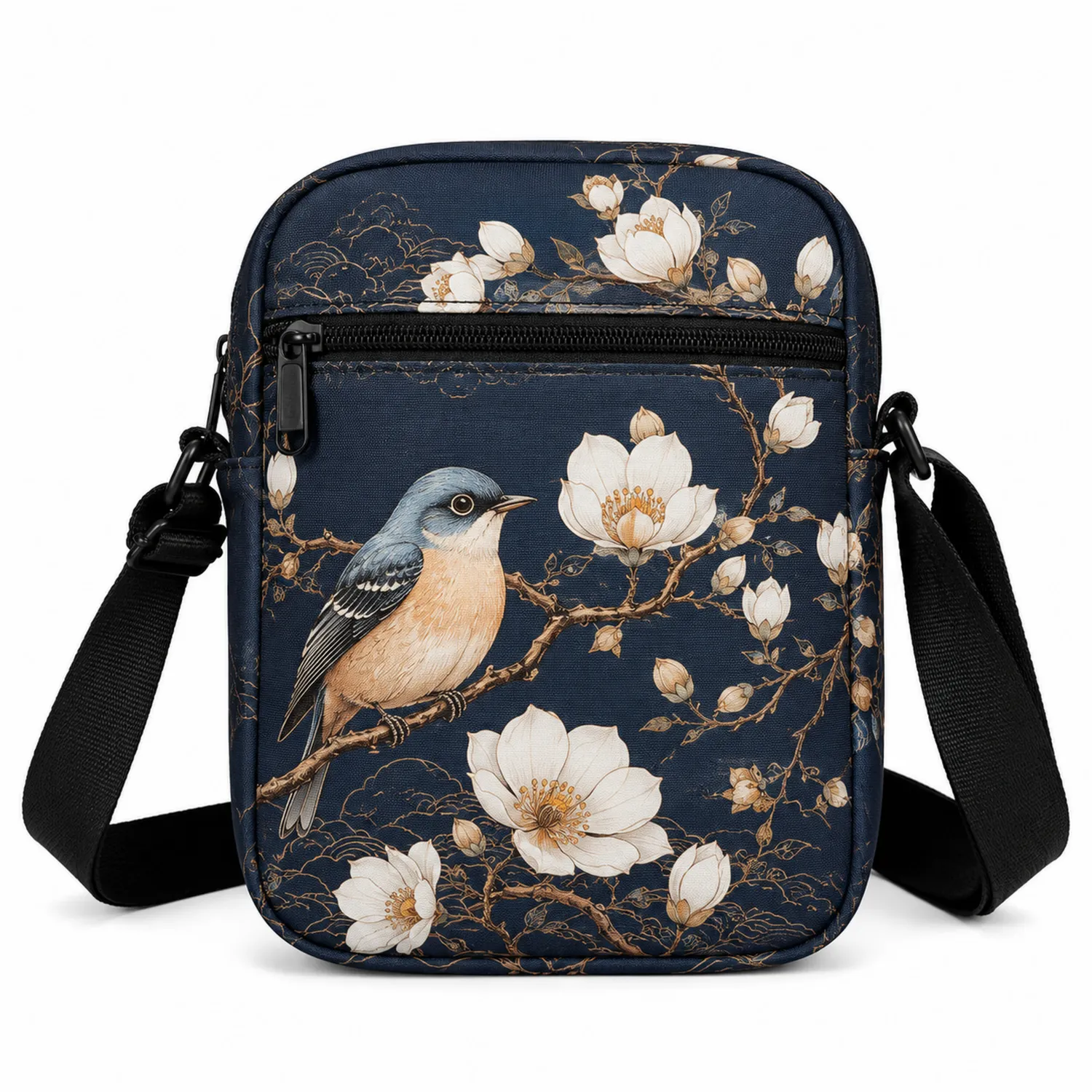 Bolso Bandolera Ajustable con Aves y Magnolia Azul