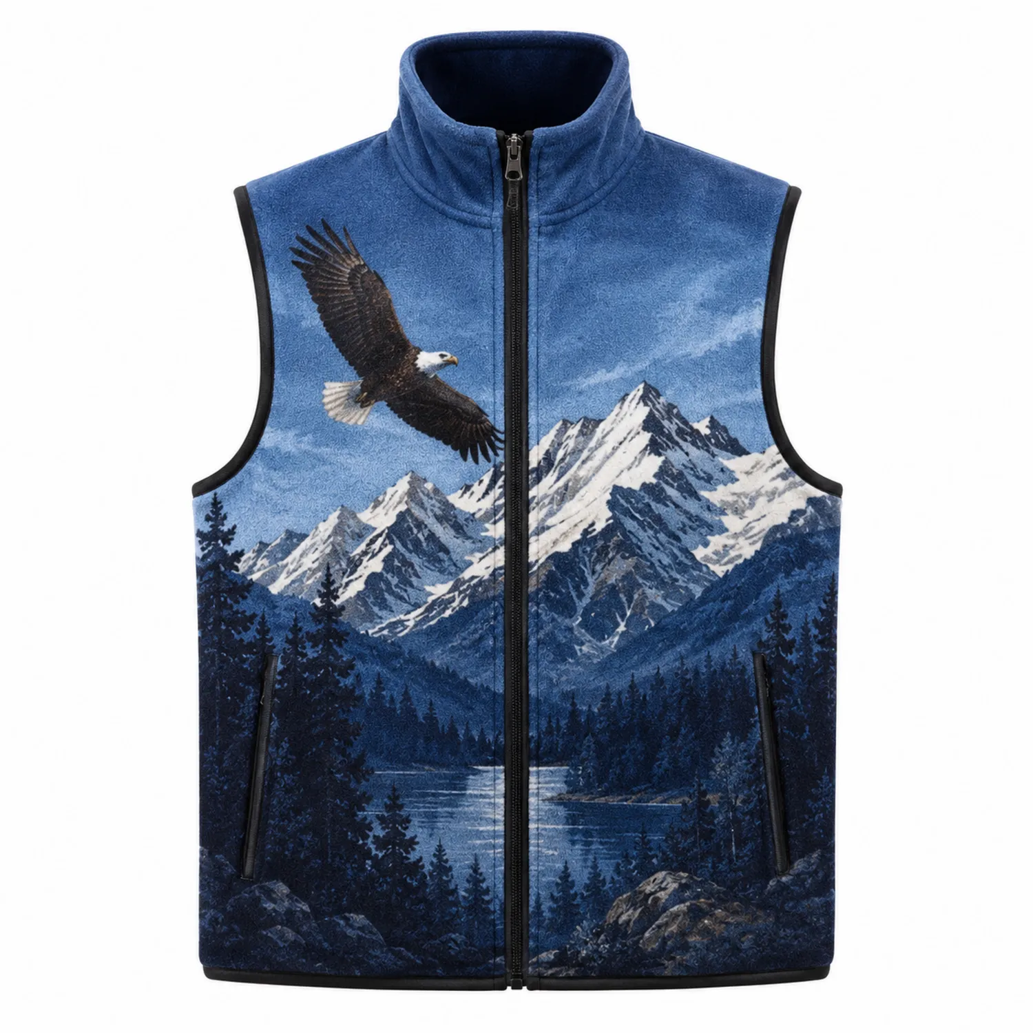 Chaleco Polar Azul con Águila y Montañas Nevascas