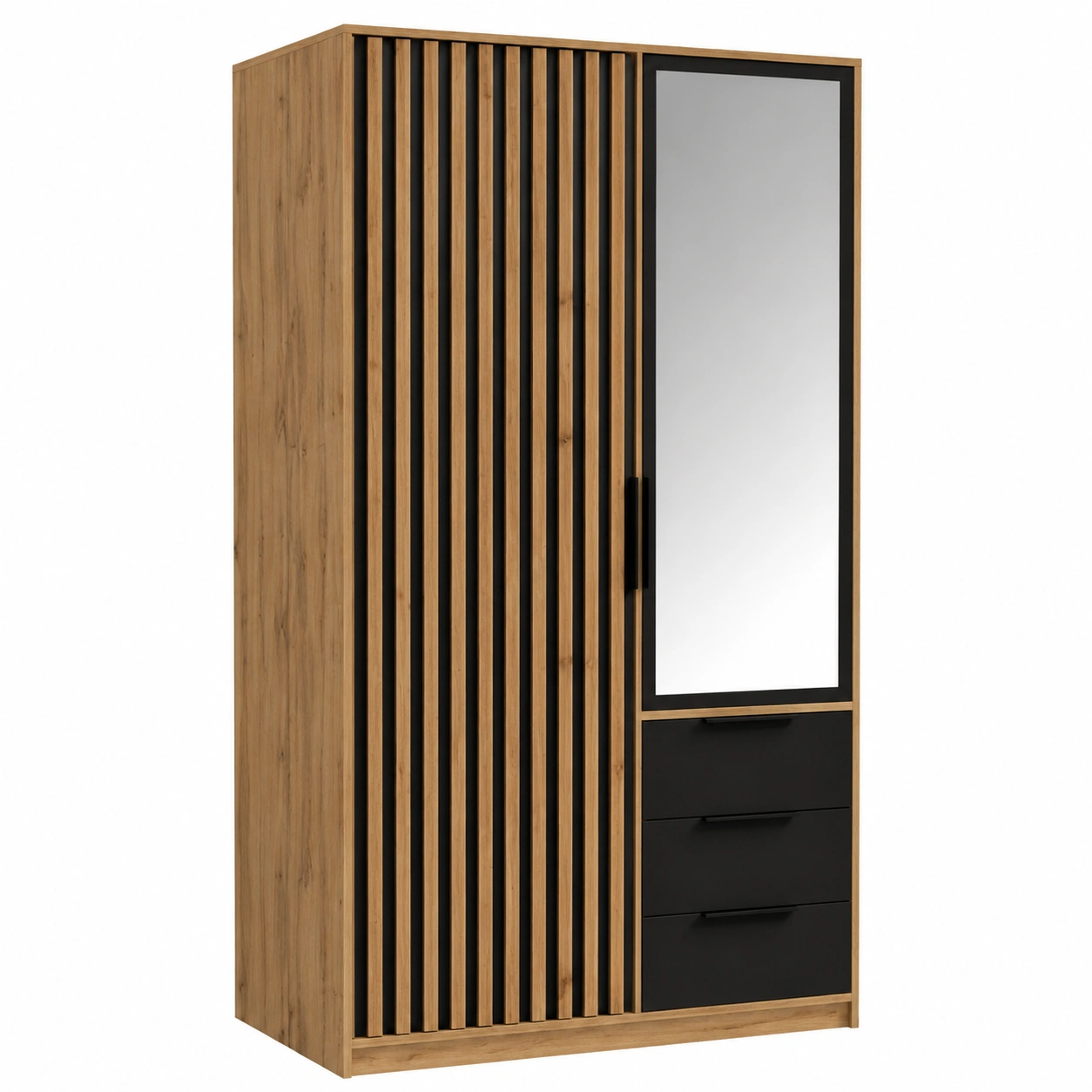 Moderner Kleiderschra mit Spiegel und Schubladen in Eiche Wotan/Schwarz 100x200x57,5 cm-Furnobay
