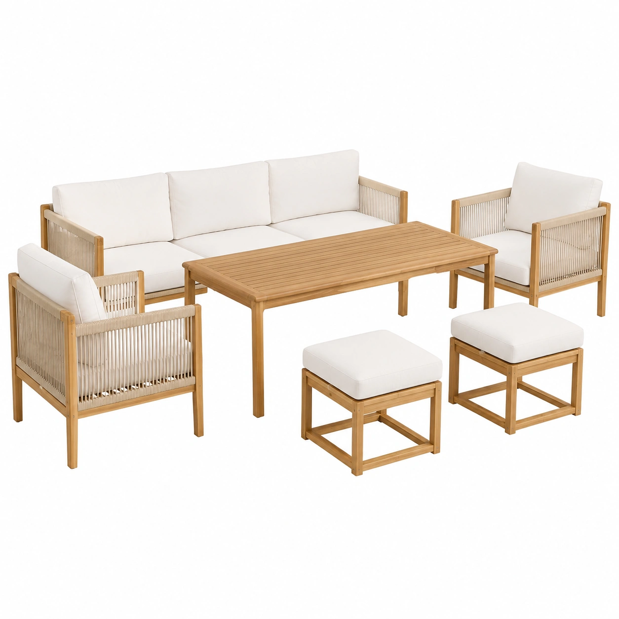 7-Sitzer Garten-Loungeset mit handgewebtem Seil, ilusive 3er-Sofa, 2 Sessel, Hocker und Tisch, fur Terrasse und Bon, Beige-Furnobay