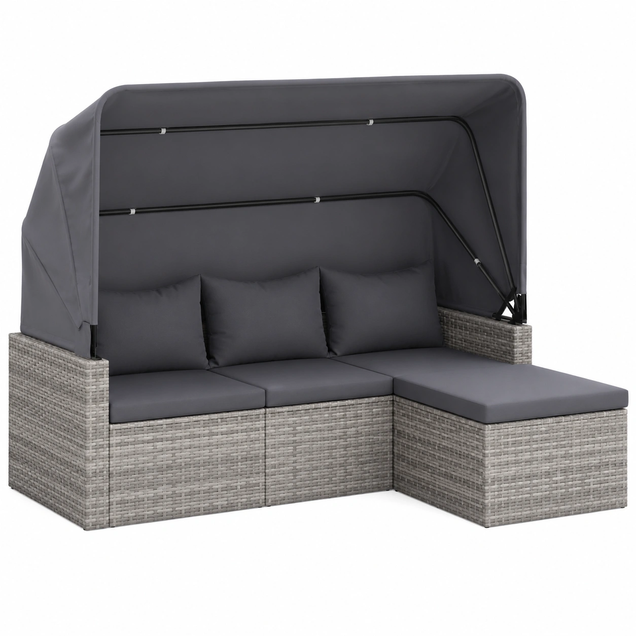 3-Sitzer Gartensofa mit Verdeck und Fusshocker, Poly Rattan, Grau-Furnobay