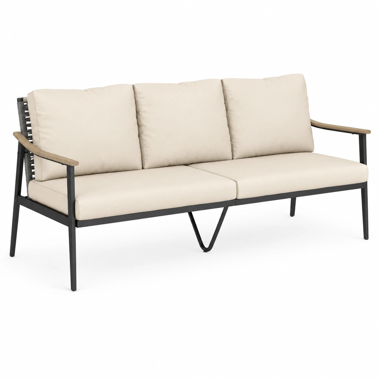 Hochwertiges 3-Sitzer Rattan Gartensofa mit Abnehmbaren Kissen und Holzoptik-Armlehnen, Wetterfeste Garte-Furnobay
