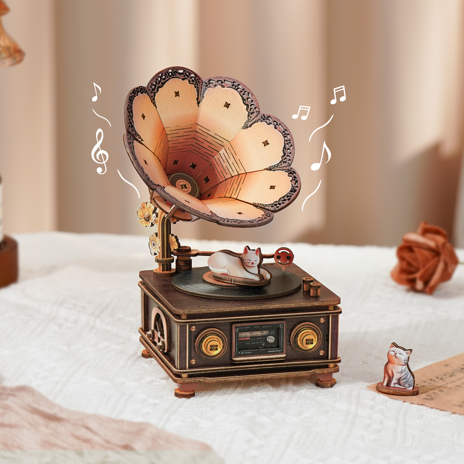 Vintage Cat Gramophone - 3D Wooden Music Box DIY Kit