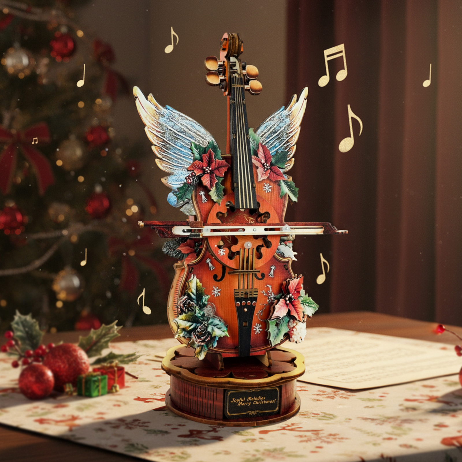 Christmas Holly Cello - 3D Wooden Music Box DIY Kit