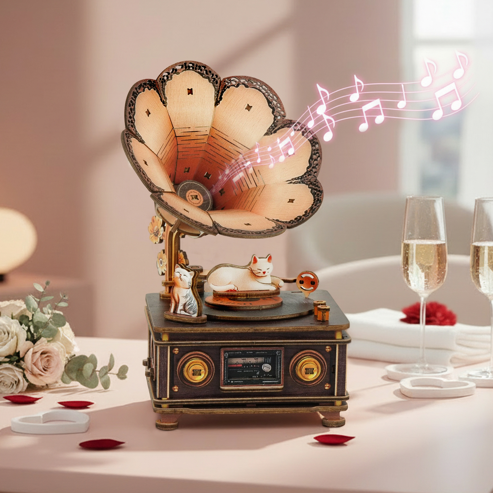 Vintage Cat Gramophone - 3D Wooden Music Box DIY Kit