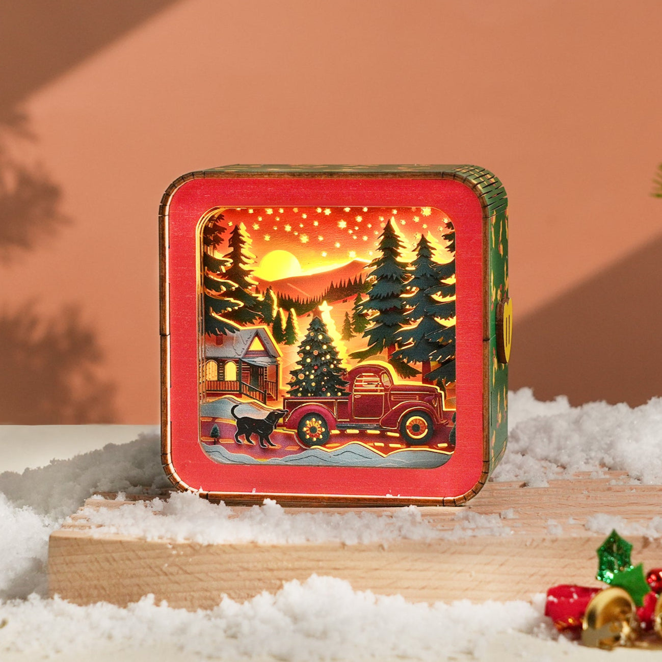 Ready for Christmas - 3D Wooden Puzzle Night Light featuring a vintage truck and snowy village scene.