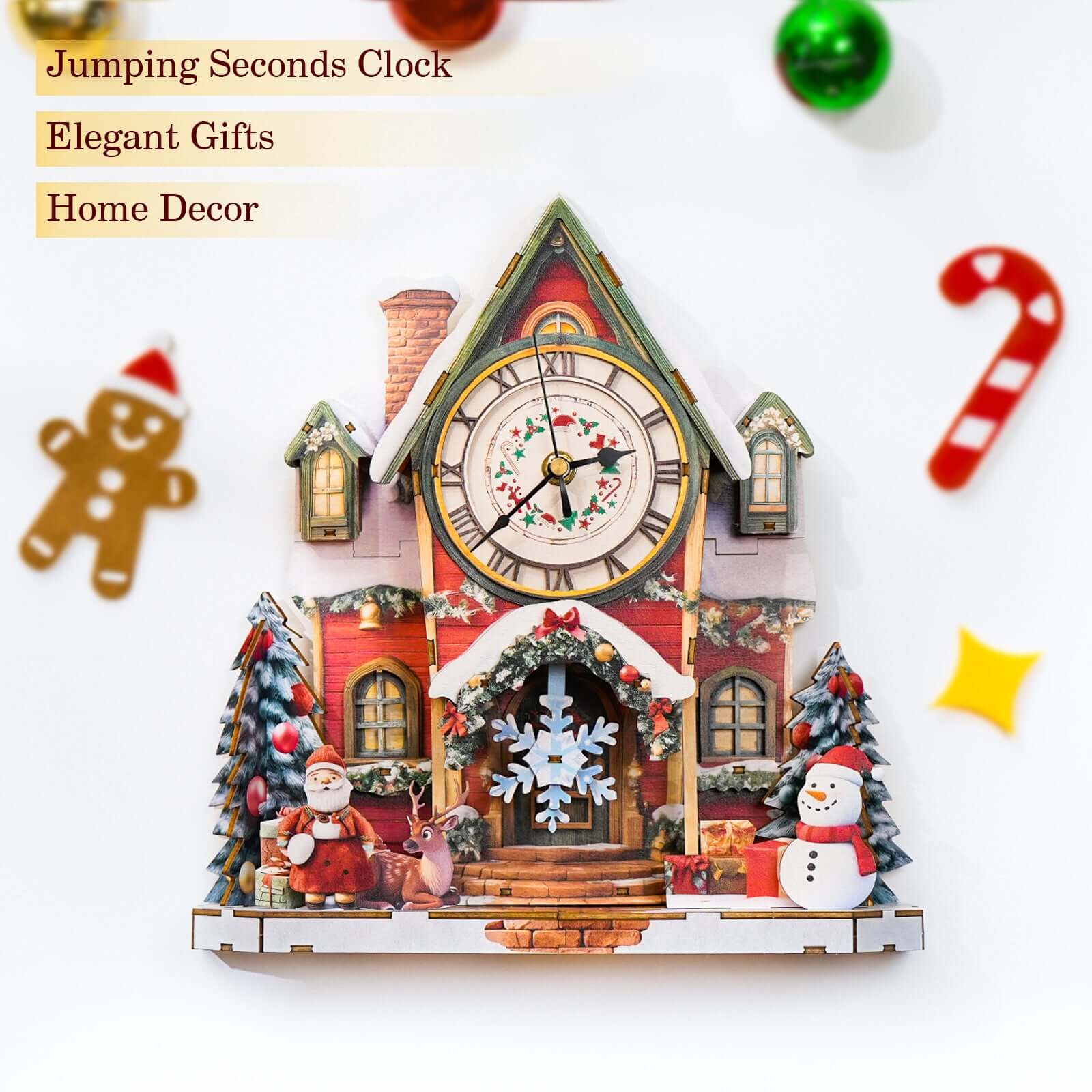 Warm Christmas 3D Wooden Puzzle Clock, DIY Craft Kit displayed as festive home decor with Santa, snowman, and gingerbread.