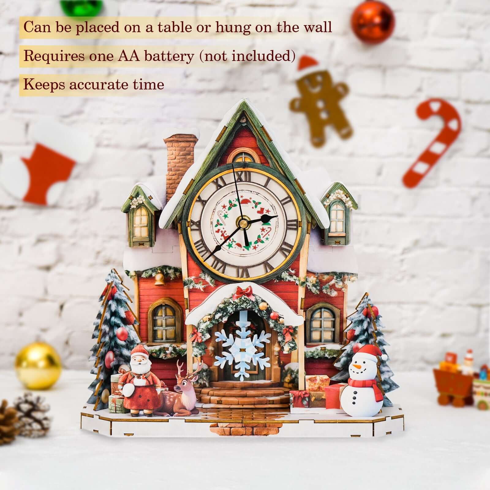 Warm Christmas 3D Wooden Puzzle Clock, DIY Craft Kit displayed as a festive tabletop decoration with Santa and reindeer.