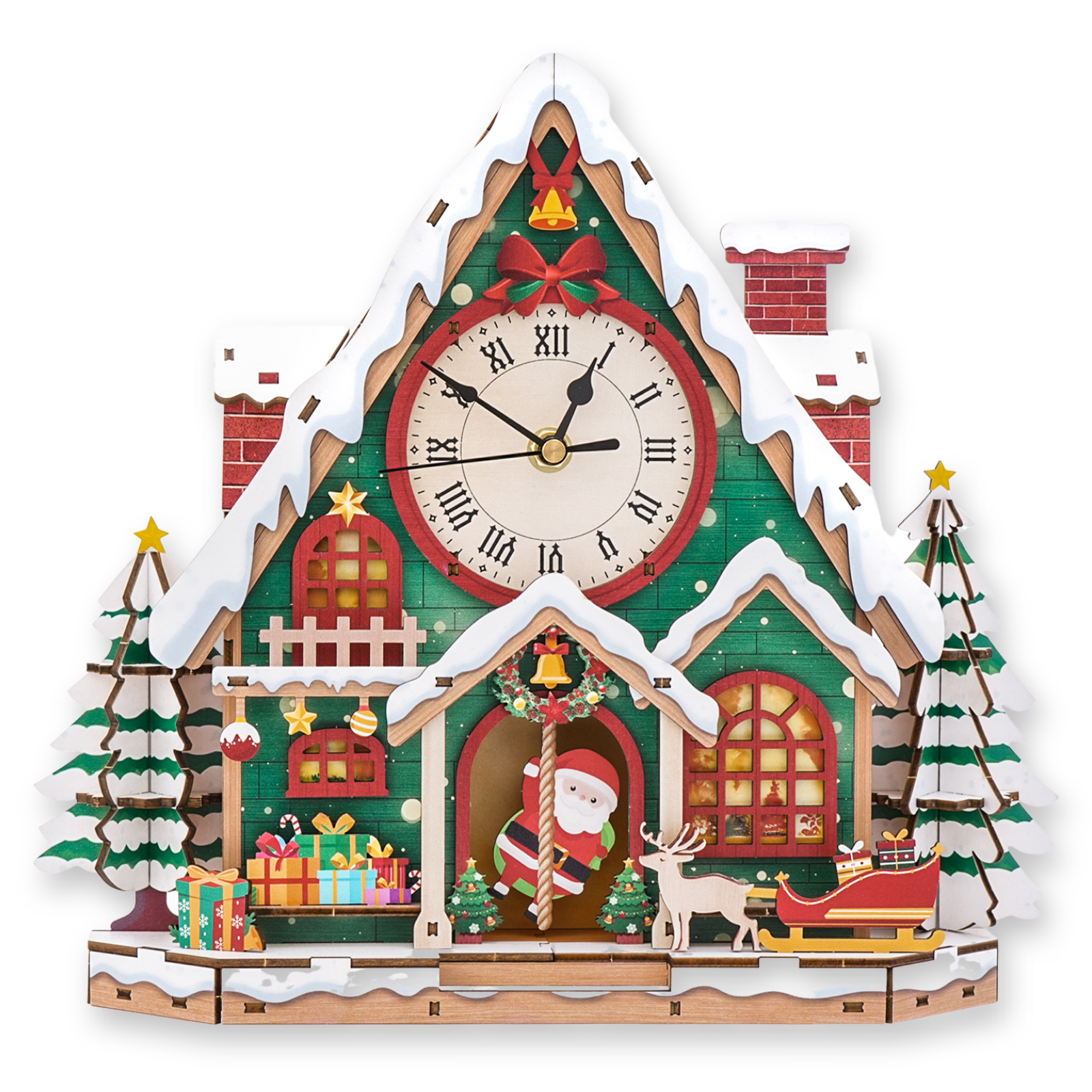 Happy Christmas 3D Wooden Puzzle Clock kit featuring a snowy house, Santa, and festive decorations.