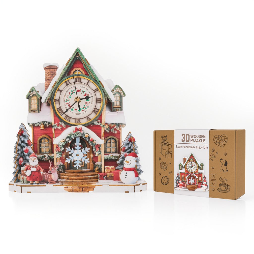 Warm Christmas 3D Wooden Puzzle Clock, DIY Craft Kit displayed with festive design and packaging.
