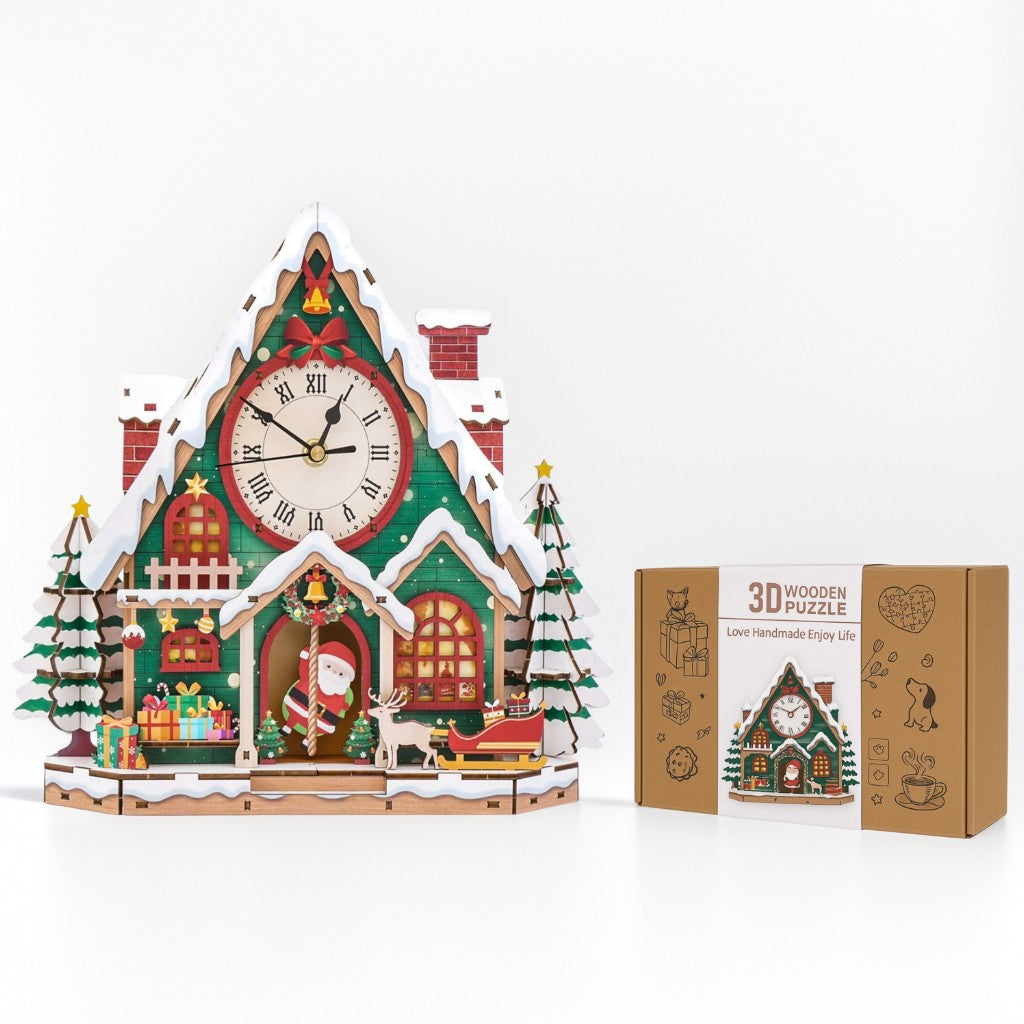 Happy Christmas 3D Wooden Puzzle Clock kit, featuring a charming winter scene with Santa, snow-covered house, and gifts.