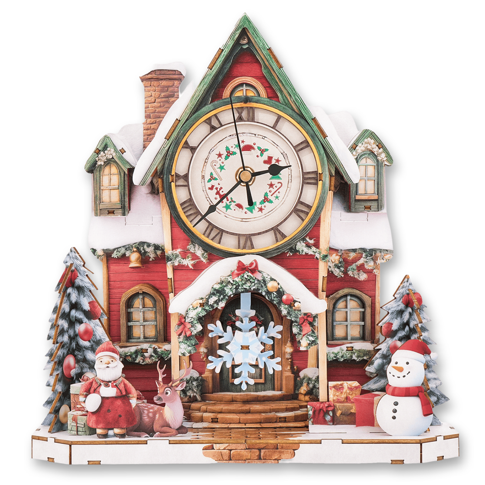 Warm Christmas 3D Wooden Puzzle Clock, DIY Craft Kit featuring a festive Santa and snowman design.
