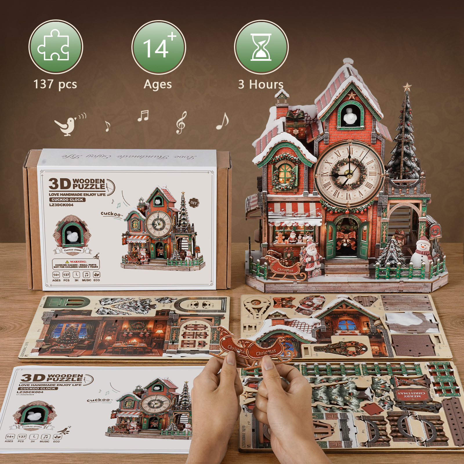 Christmas Cabin - 3D Wooden Cuckoo Clock