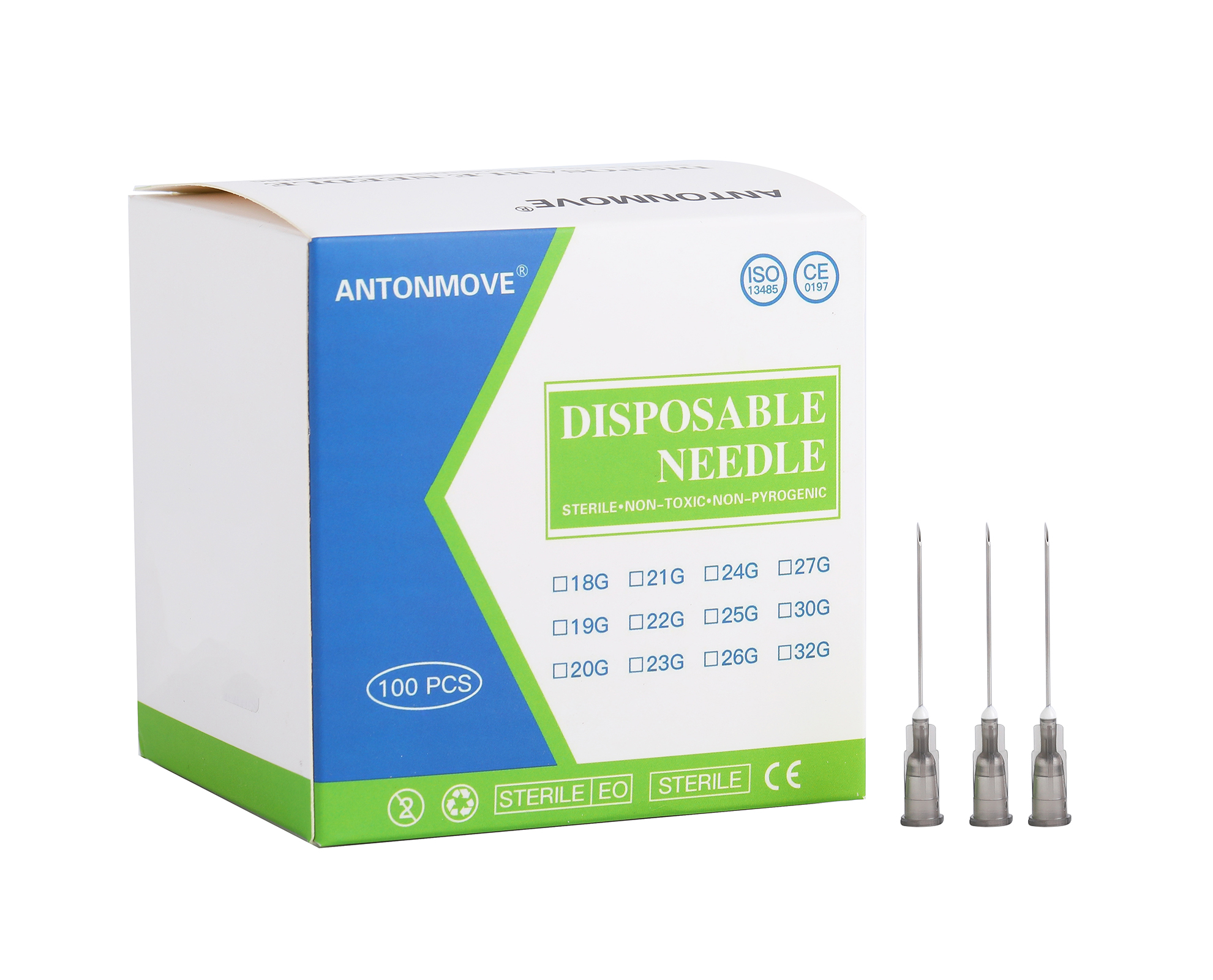 ANTONMOVE 22G 38mm Sterile Needles Box Packaging - 100pcs per Box
