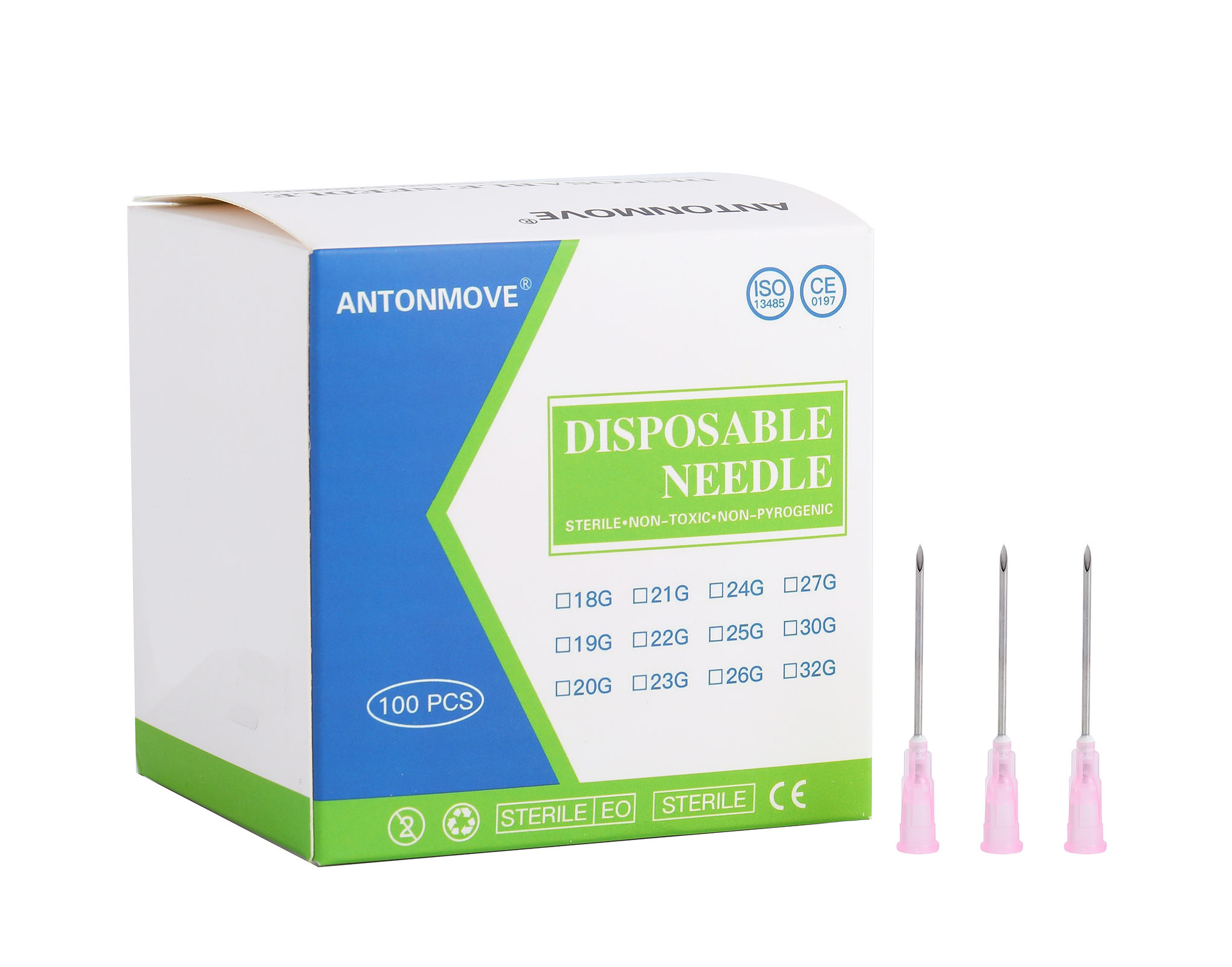 ANTONMOVE 24G 25mm Sterile Needles Box Packaging - 100pcs per Box