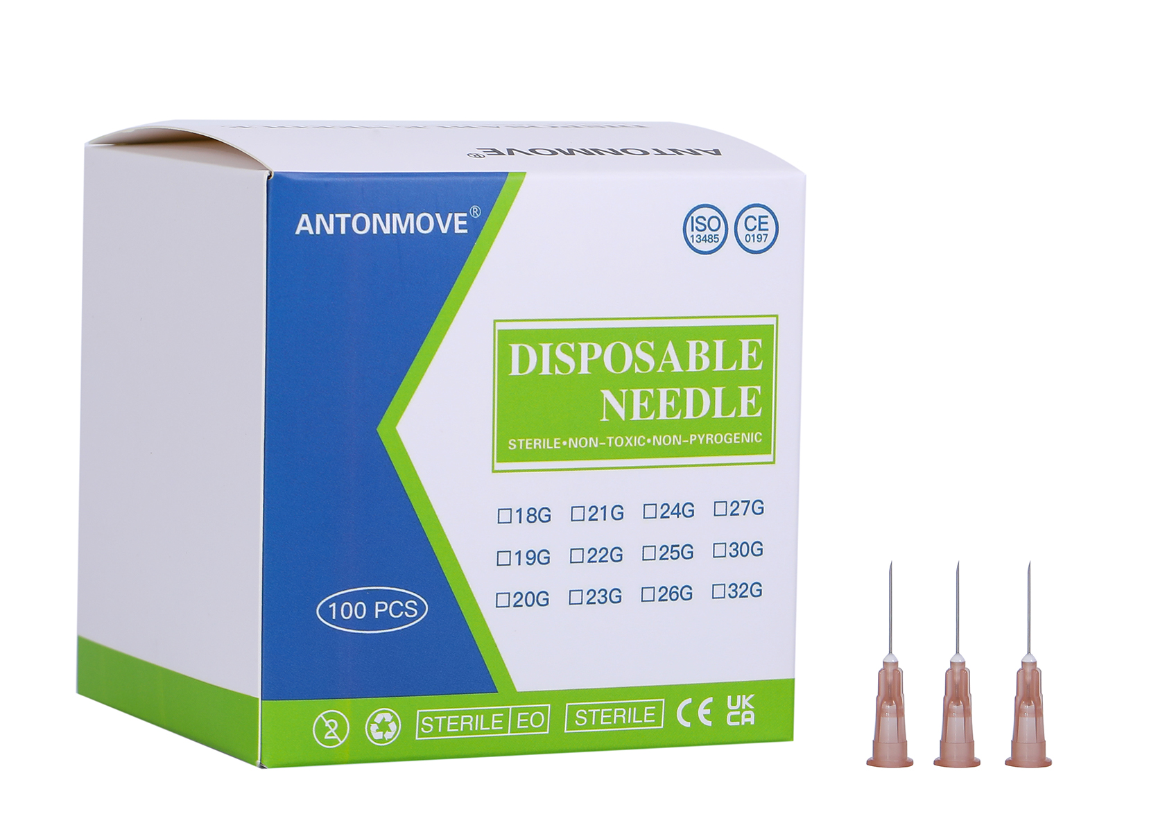 ANTONMOVE 26G Sterile Needles Box Packaging - 100pcs per Box