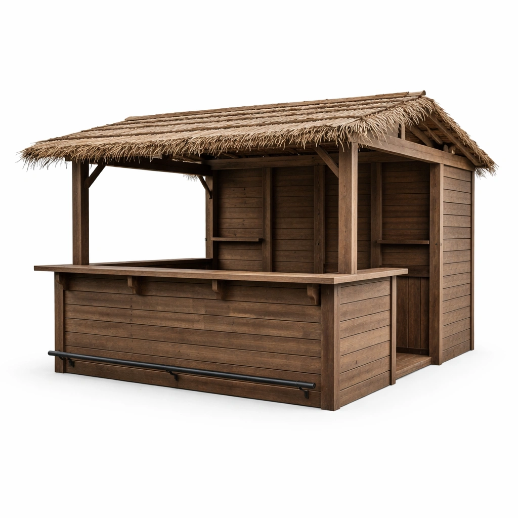 Holzhütte mit Strohdach und Tresen, Braun-COZYOLUME